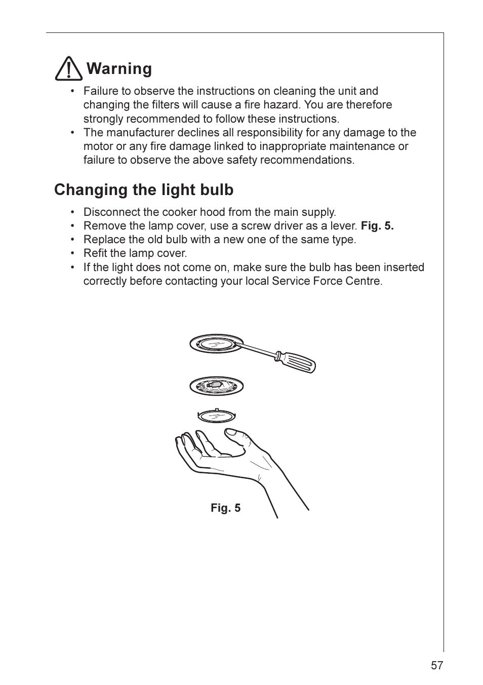 Warning, Changing the light bulb | Electrolux CHDD 8820 User Manual | Page 9 / 16