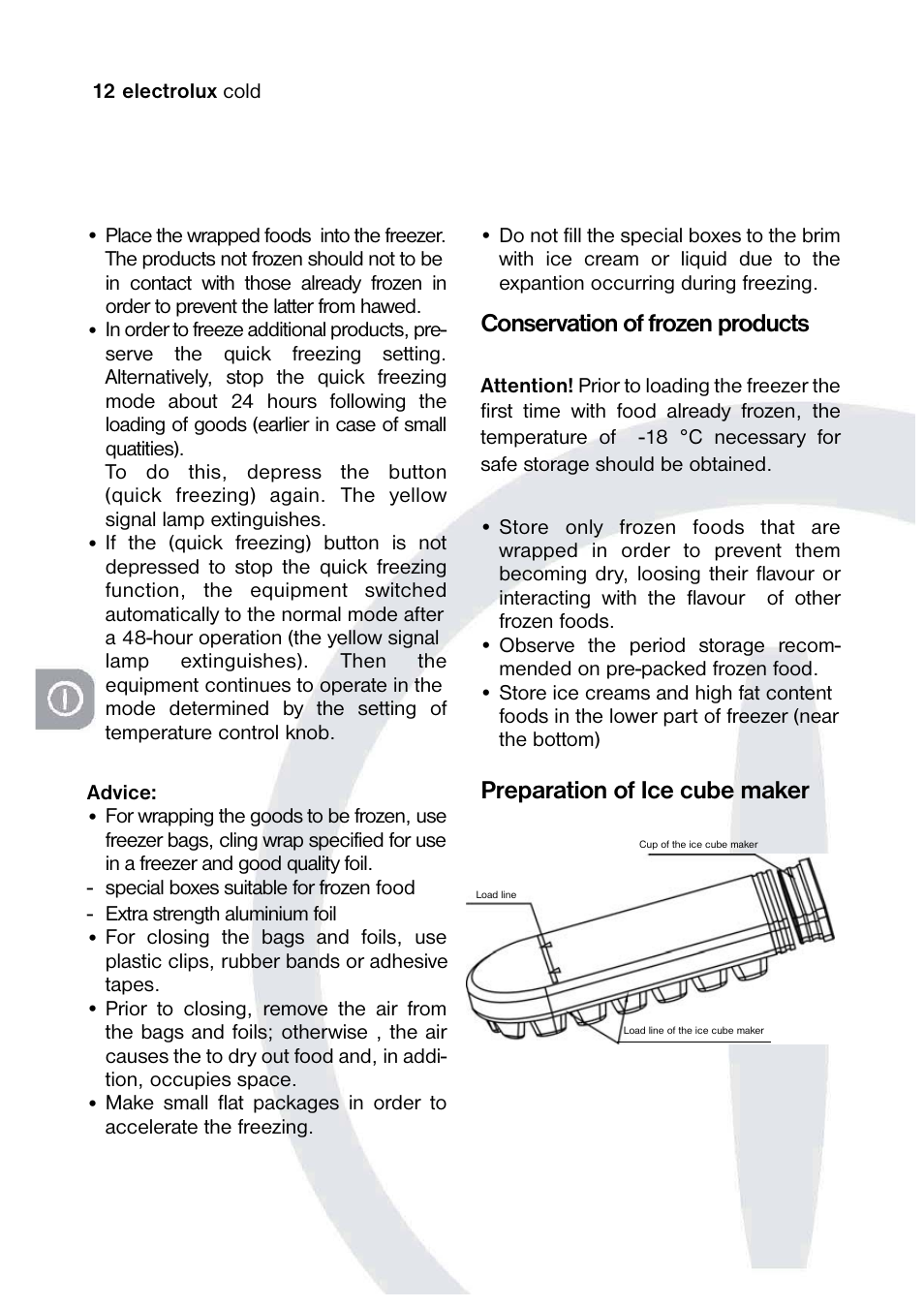 Conservation of frozen products, Preparation of ice cube maker, 12 electrolux cold | Electrolux 820 41 77 06 User Manual | Page 12 / 20