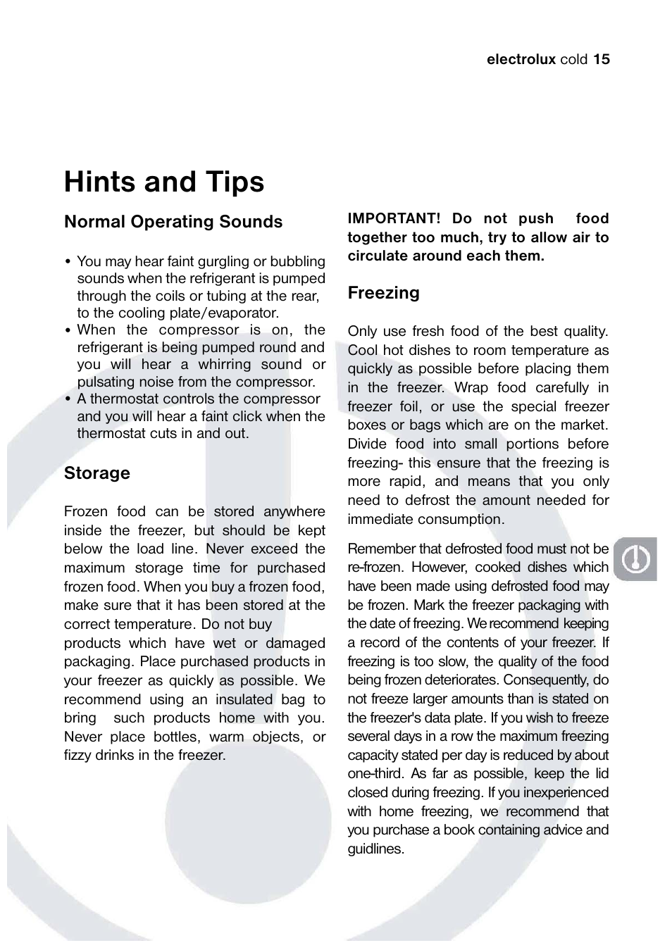 Hints and tips, Normal operating sounds, Storage | Freezing | Electrolux 820 41 77 06 User Manual | Page 15 / 20