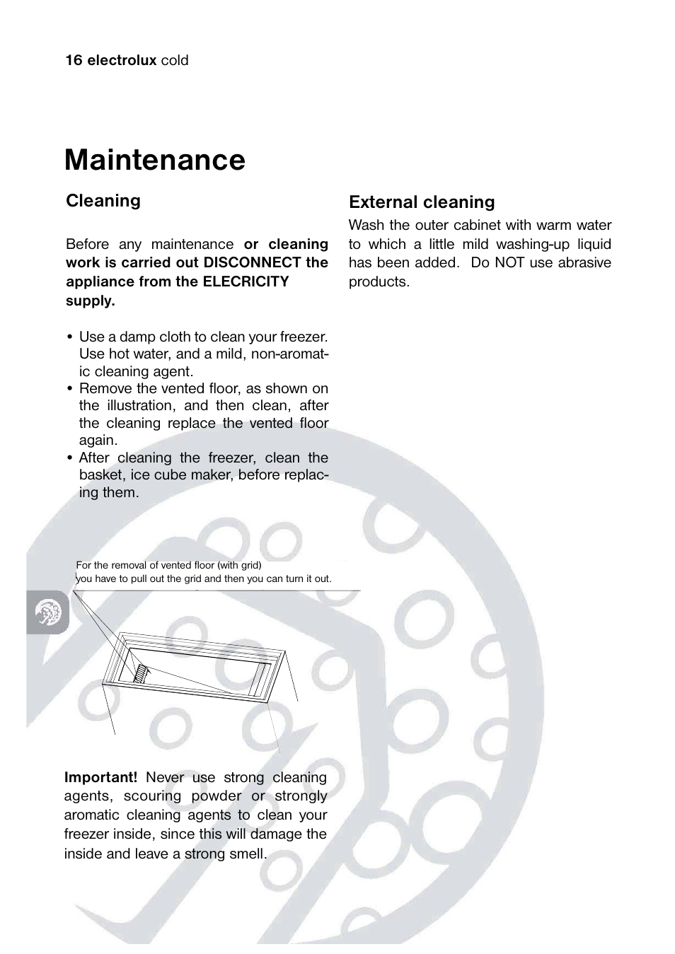 Maintenance, Cleaning, External cleaning | Electrolux 820 41 77 06 User Manual | Page 16 / 20