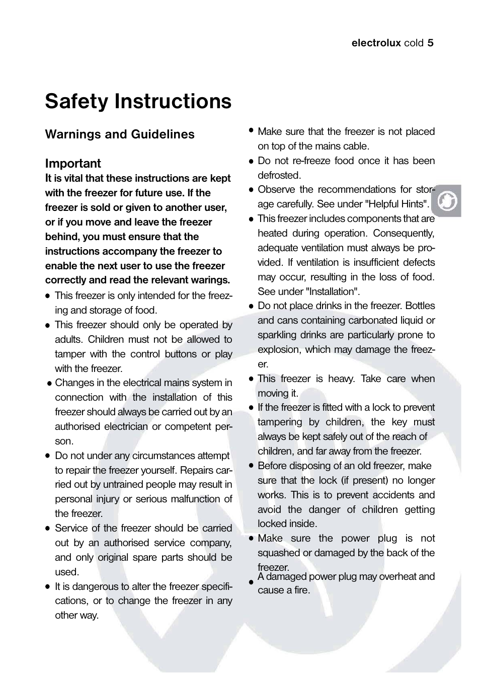 Safety instructions, Warnings and guidelines important | Electrolux 820 41 77 06 User Manual | Page 5 / 20