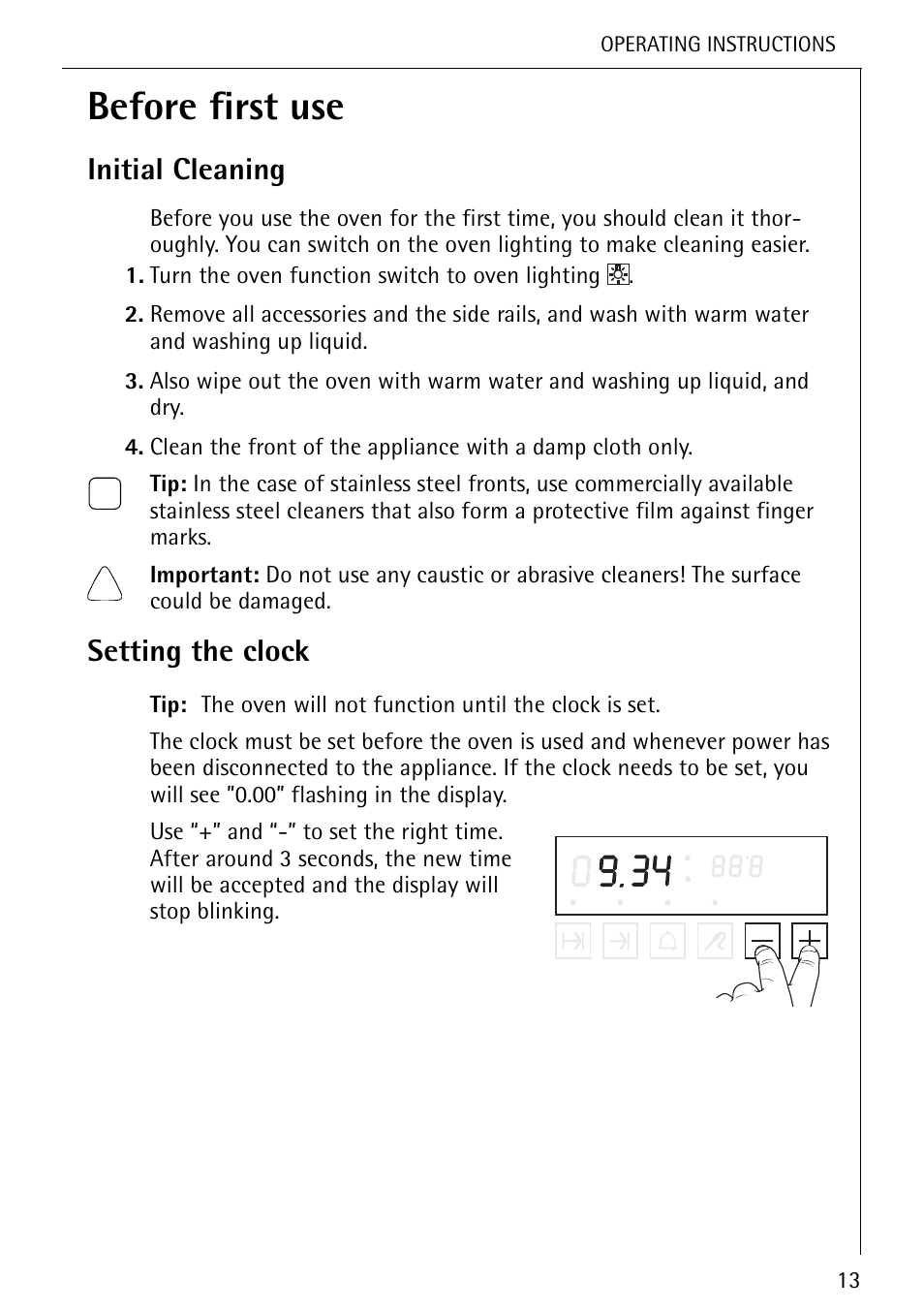 Before first use, Initial cleaning, Setting the clock | Electrolux U25493 B 8139-4-m User Manual | Page 13 / 64