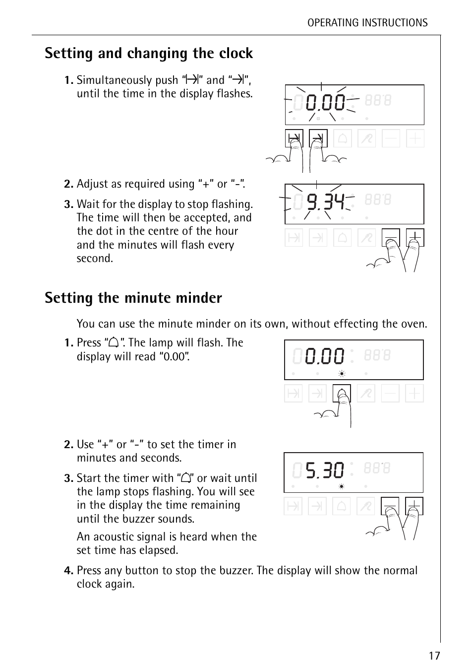 Setting and changing the clock, Setting the minute minder | Electrolux U25493 B 8139-4-m User Manual | Page 17 / 64