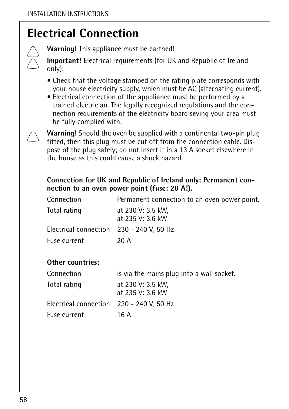 Electrical connection | Electrolux U25493 B 8139-4-m User Manual | Page 58 / 64