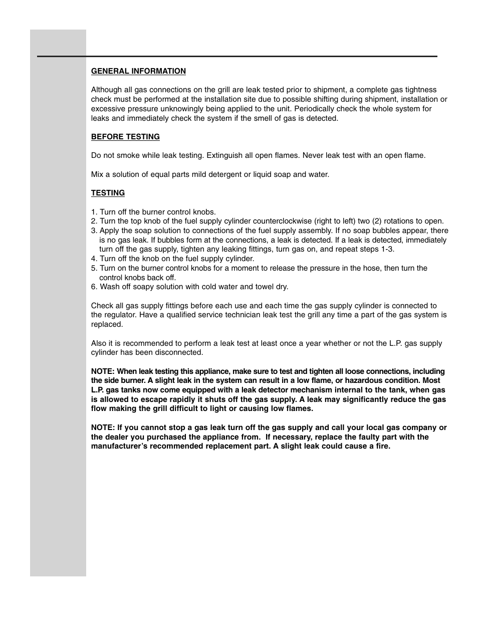 Pre operation leak testing | Electrolux 51" Stainless Steel Gas Grill User Manual | Page 11 / 19