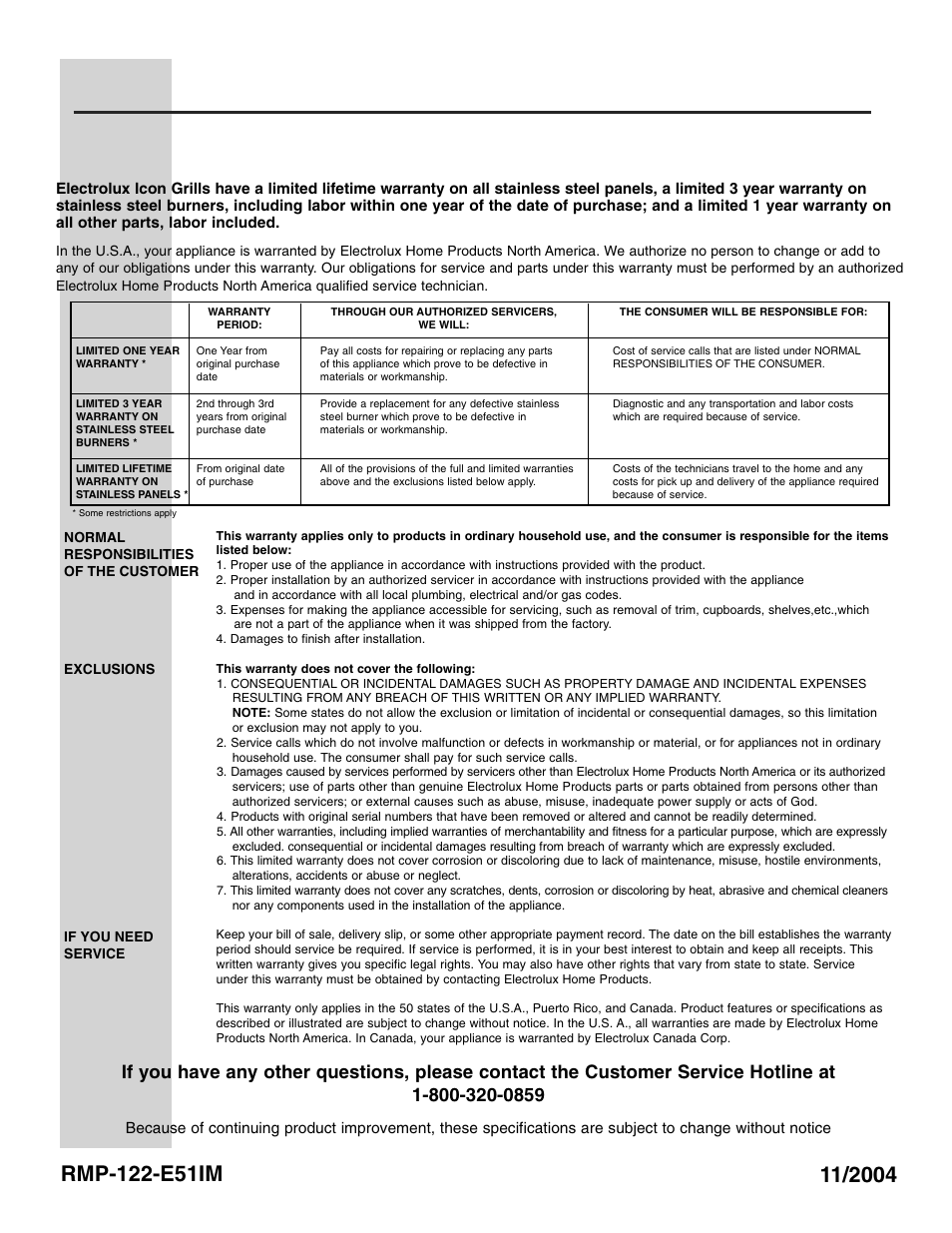 Warranty, Limited lifetime warranty | Electrolux 51" Stainless Steel Gas Grill User Manual | Page 19 / 19