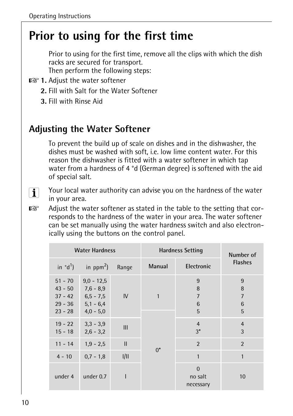 Prior to using for the first time, Adjusting the water softener | Electrolux 86050 VI User Manual | Page 10 / 44