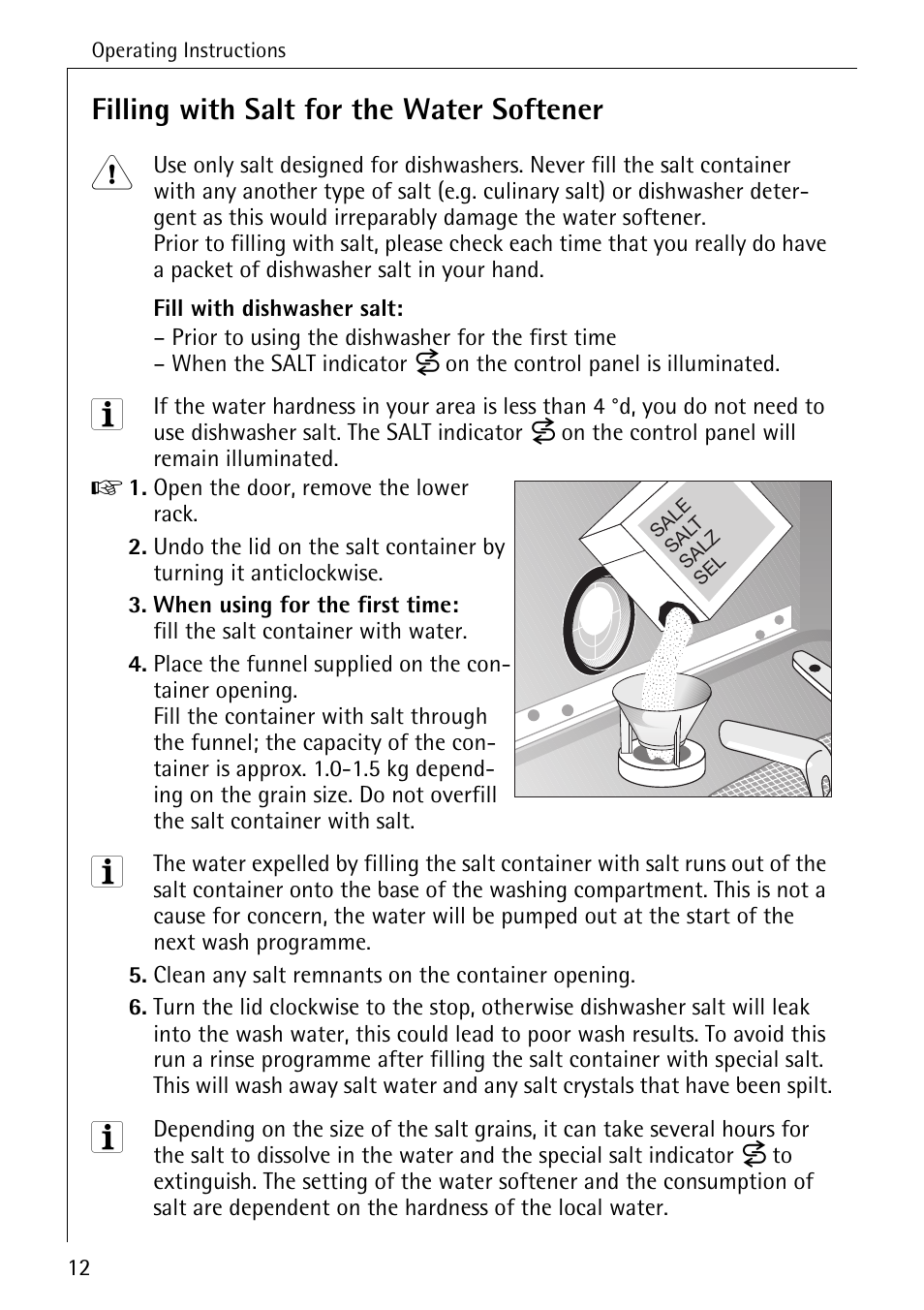 Filling with salt for the water softener | Electrolux 86050 VI User Manual | Page 12 / 44