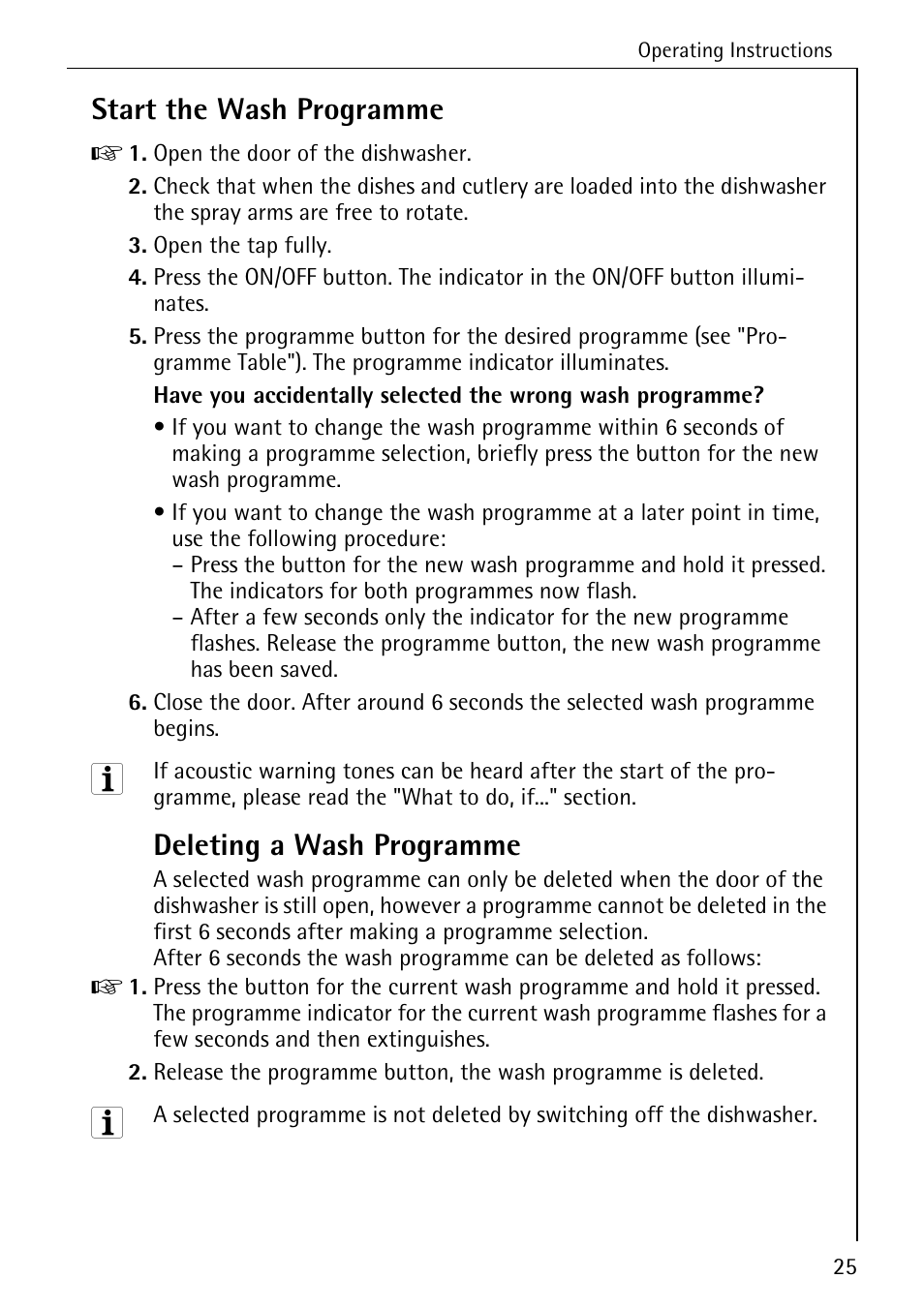 Start the wash programme, Deleting a wash programme | Electrolux 86050 VI User Manual | Page 25 / 44