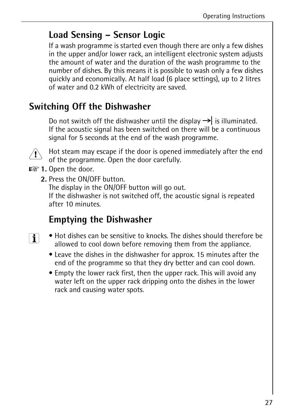 Load sensing – sensor logic, Switching off the dishwasher, Emptying the dishwasher | Electrolux 86050 VI User Manual | Page 27 / 44