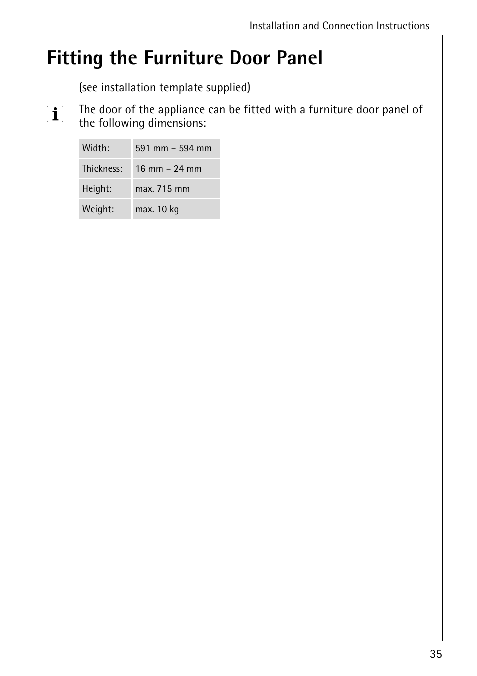 Fitting the furniture door panel | Electrolux 86050 VI User Manual | Page 35 / 44