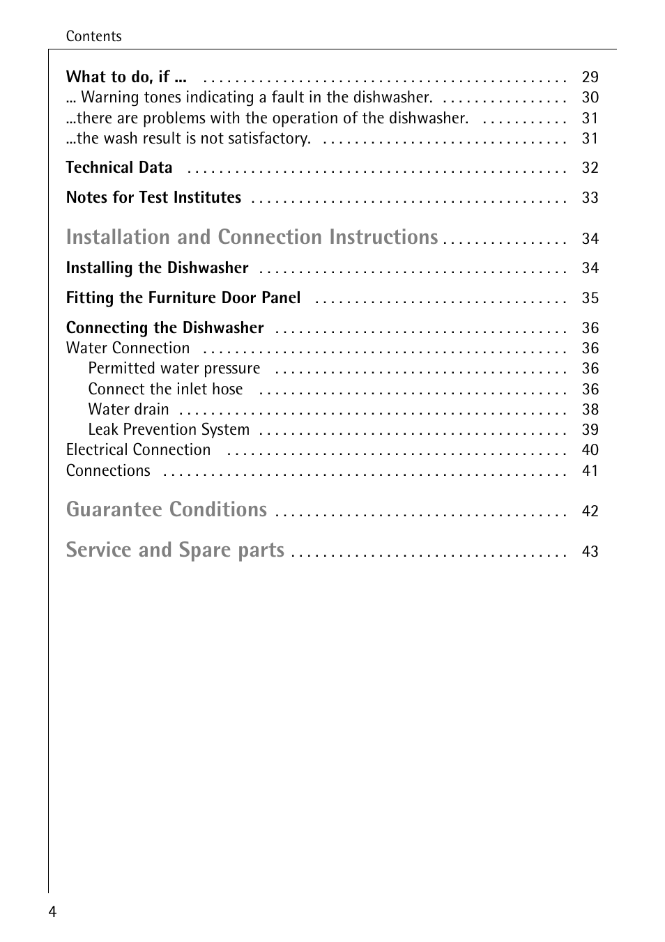 Installation and connection instructions, Guarantee conditions, Service and spare parts | Electrolux 86050 VI User Manual | Page 4 / 44