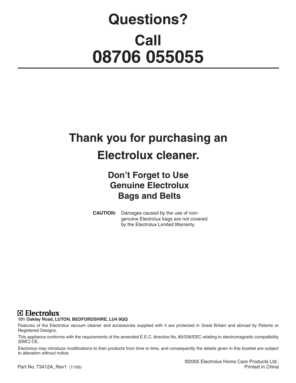 Questions? call | Electrolux Z2900 Series User Manual | Page 12 / 12