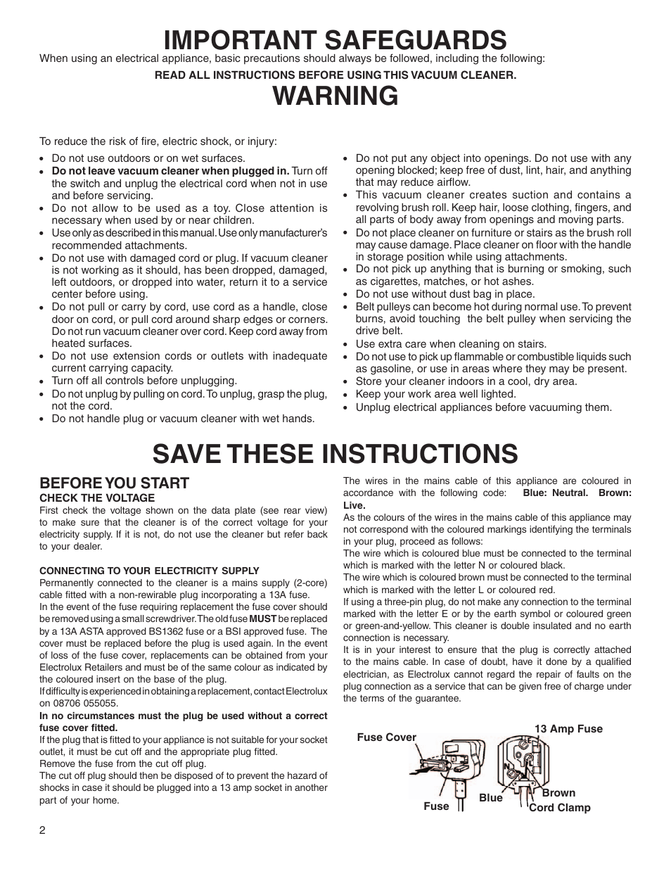 Important safeguards, Warning save these instructions, Before you start | Electrolux Z2900 Series User Manual | Page 2 / 12