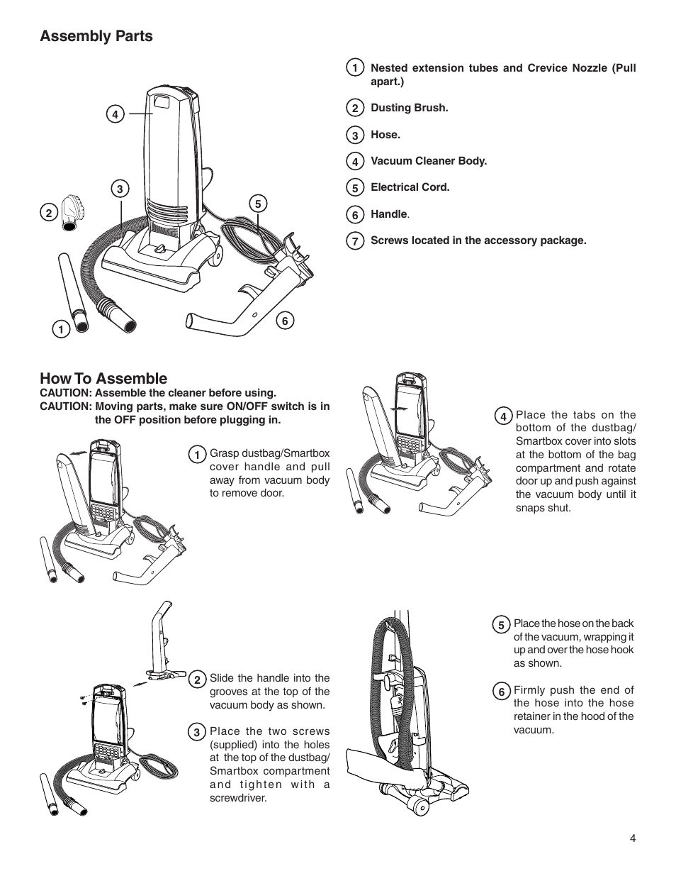 Assembly parts, How to assemble | Electrolux Z2900 Series User Manual | Page 4 / 12