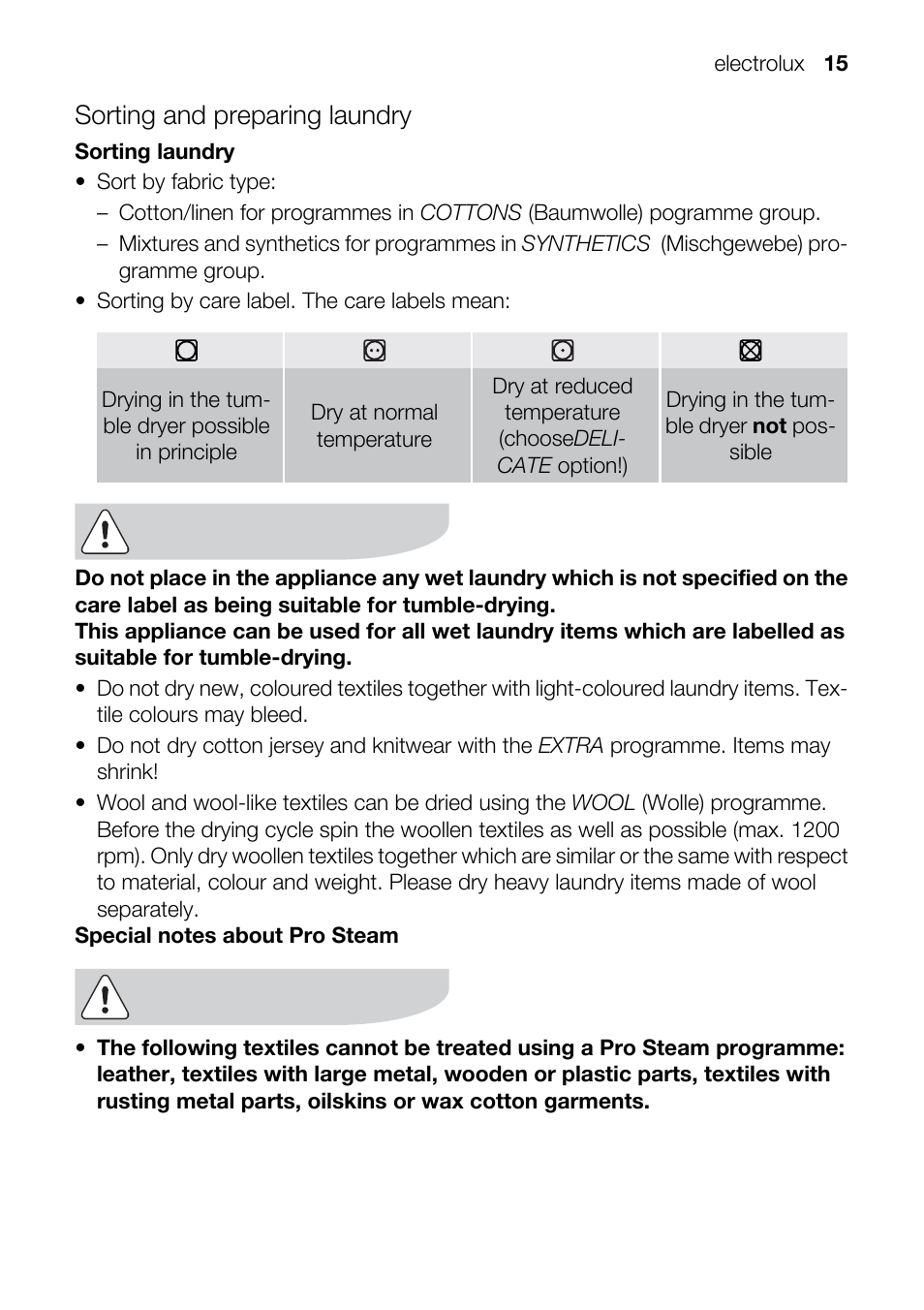 Sorting and preparing laundry | Electrolux TK SL5 E User Manual | Page 15 / 64