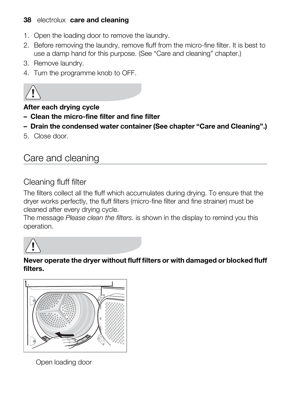 Care and cleaning, Cleaning fluff filter | Electrolux TK SL5 E User Manual | Page 38 / 64