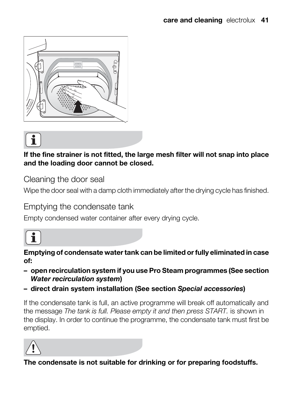 Cleaning the door seal, Emptying the condensate tank | Electrolux TK SL5 E User Manual | Page 41 / 64