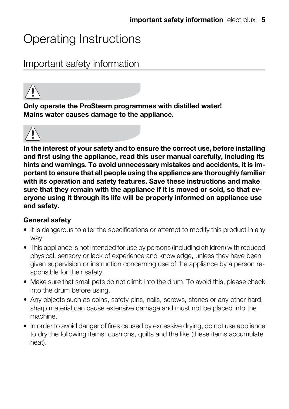 Operating instructions, Important safety information | Electrolux TK SL5 E User Manual | Page 5 / 64