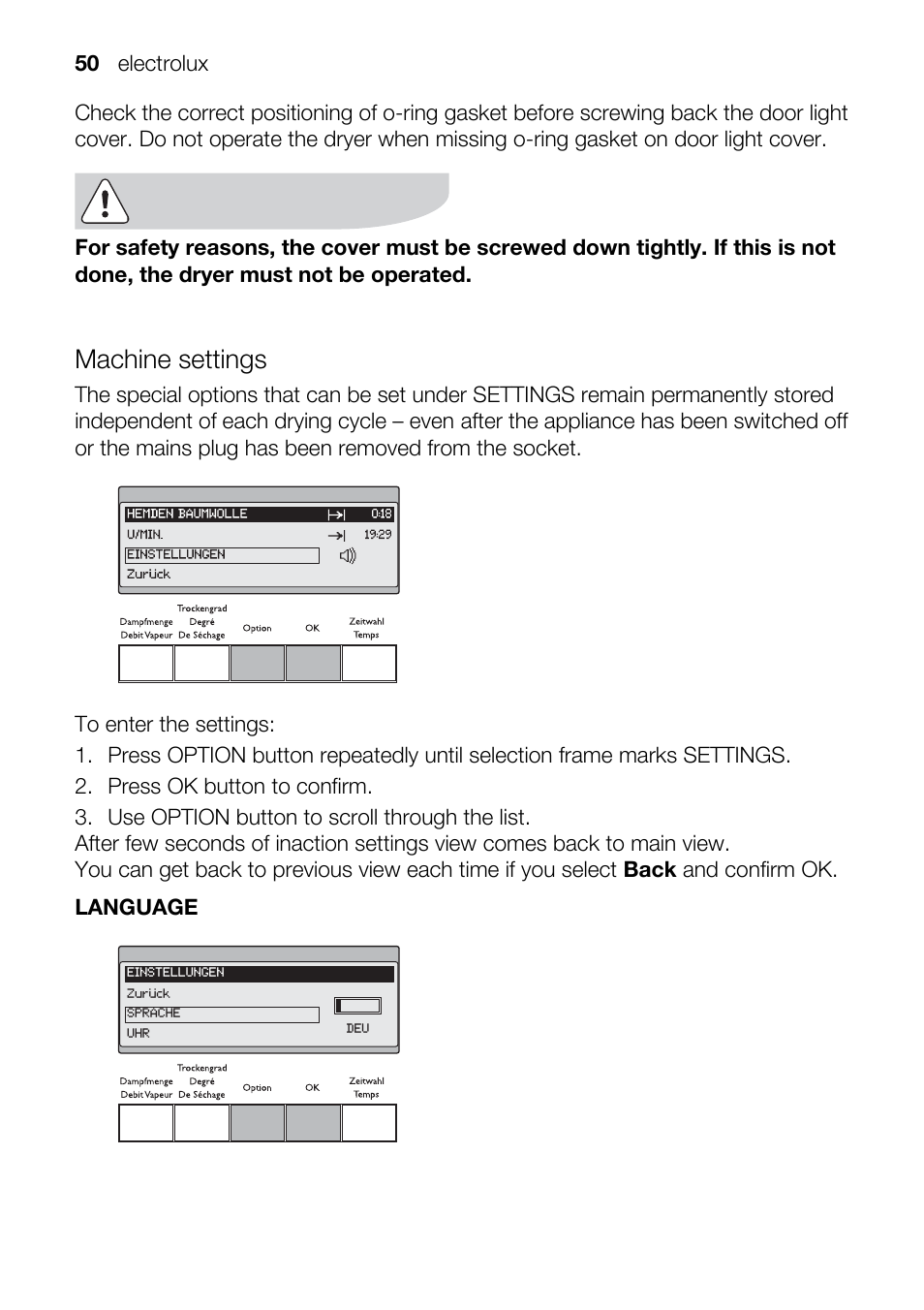 Machine settings | Electrolux TK SL5 E User Manual | Page 50 / 64