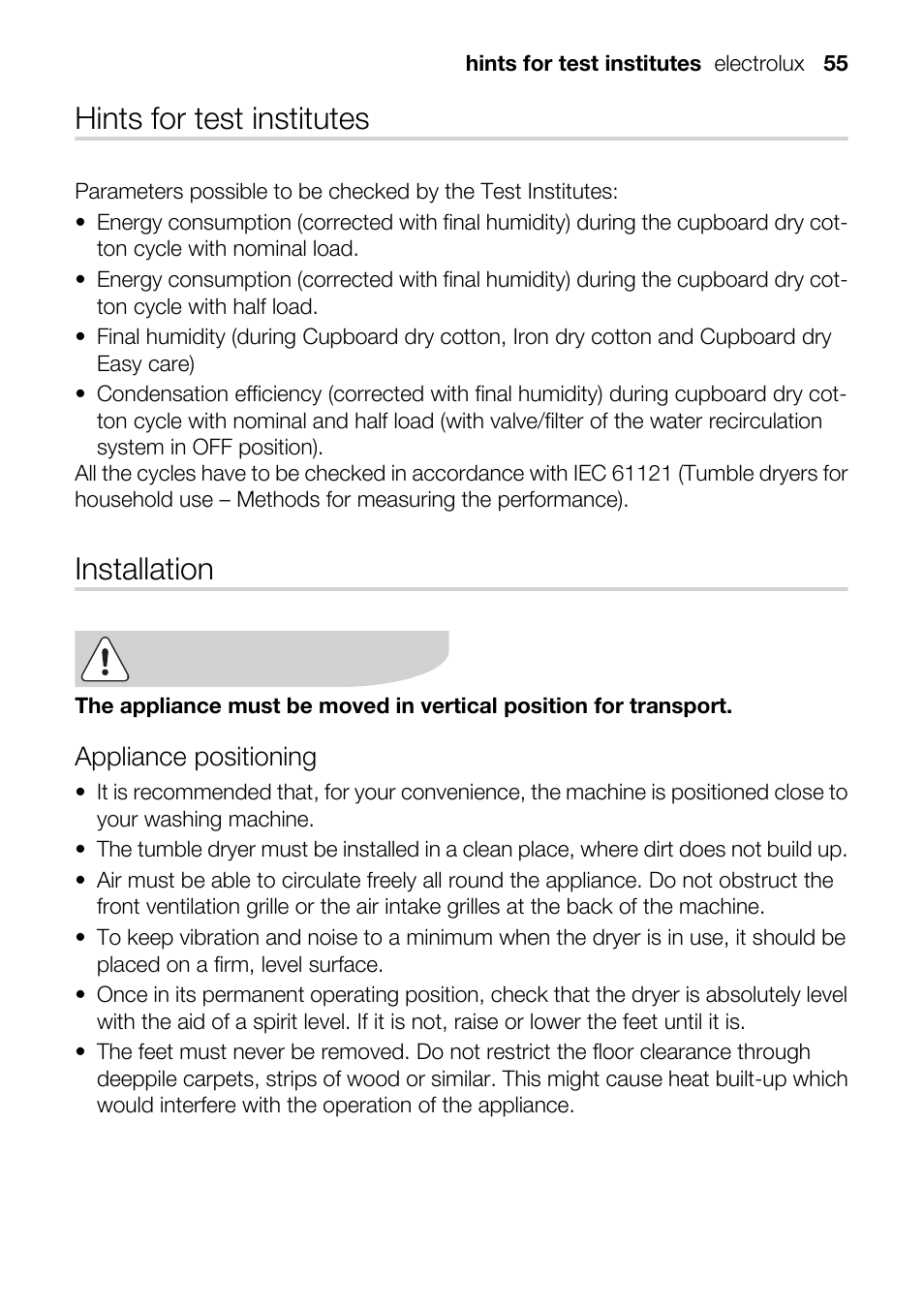 Hints for test institutes, Installation, Appliance positioning | Electrolux TK SL5 E User Manual | Page 55 / 64