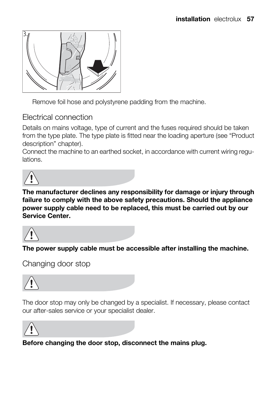 Electrical connection, Changing door stop | Electrolux TK SL5 E User Manual | Page 57 / 64