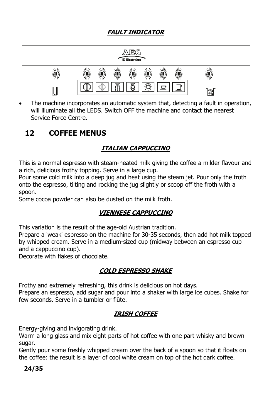 12 coffee menus, Italian cappuccino, Viennese cappuccino | Cold espresso shake, Irish coffee | Electrolux PE 9038-m fww User Manual | Page 24 / 36