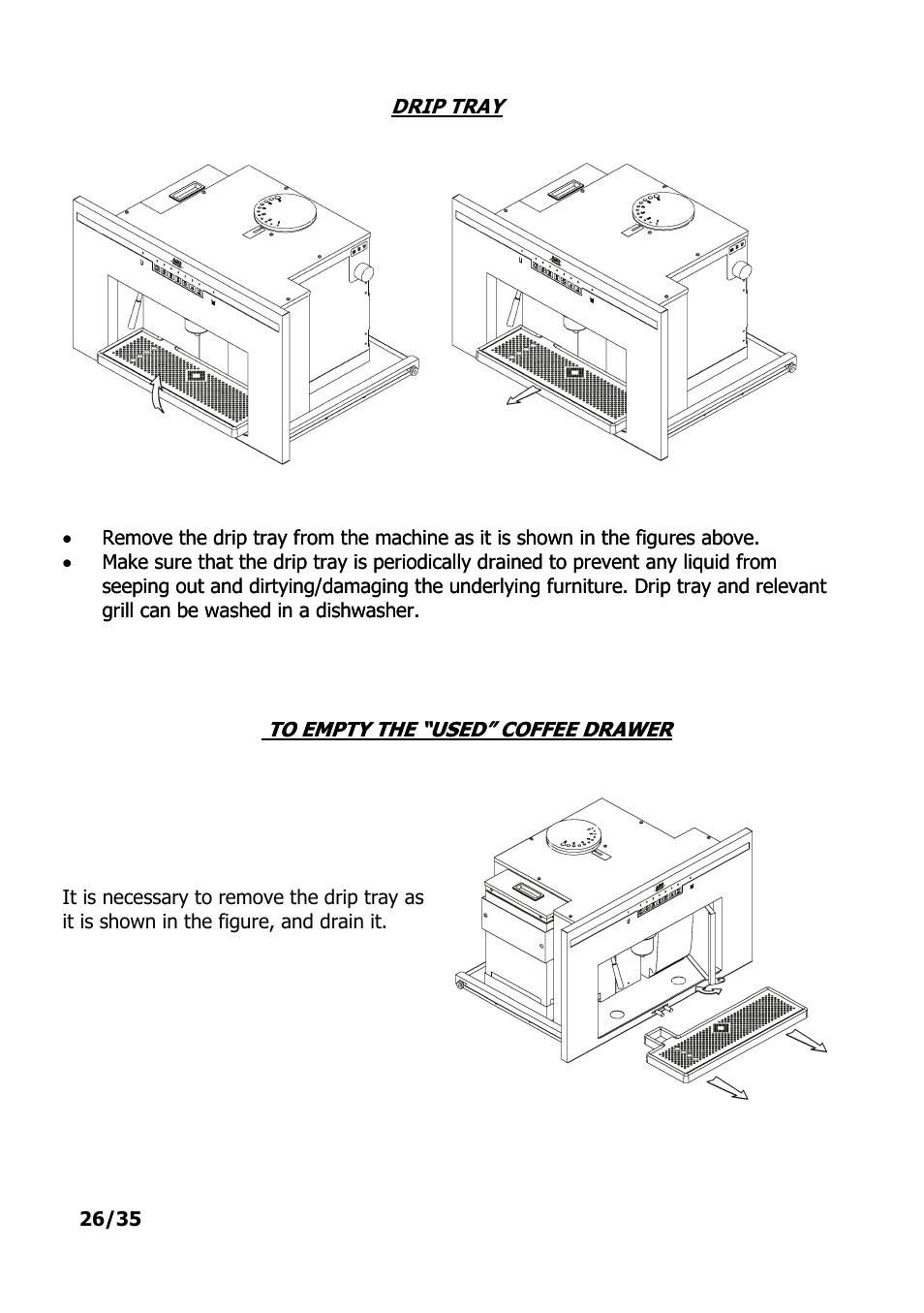 Drip tray, To empty the “used” coffee drawer | Electrolux PE 9038-m fww User Manual | Page 26 / 36