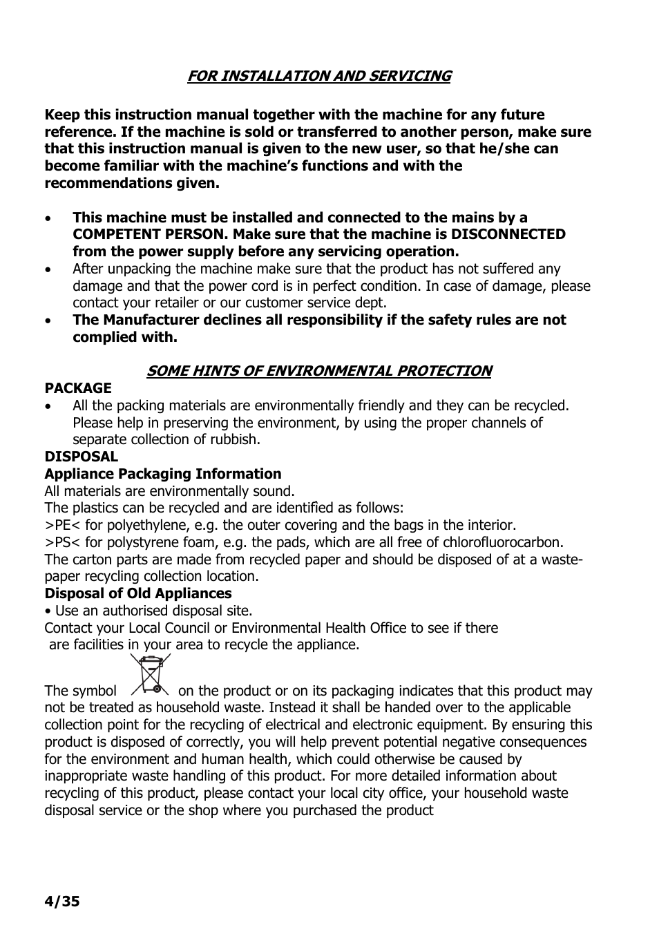 For installation and servicing, Some hints of environmental protection, Package | Disposal, Appliance packaging information, Diposal of old appliances, Use an authorised disposal site | Electrolux PE 9038-m fww User Manual | Page 4 / 36