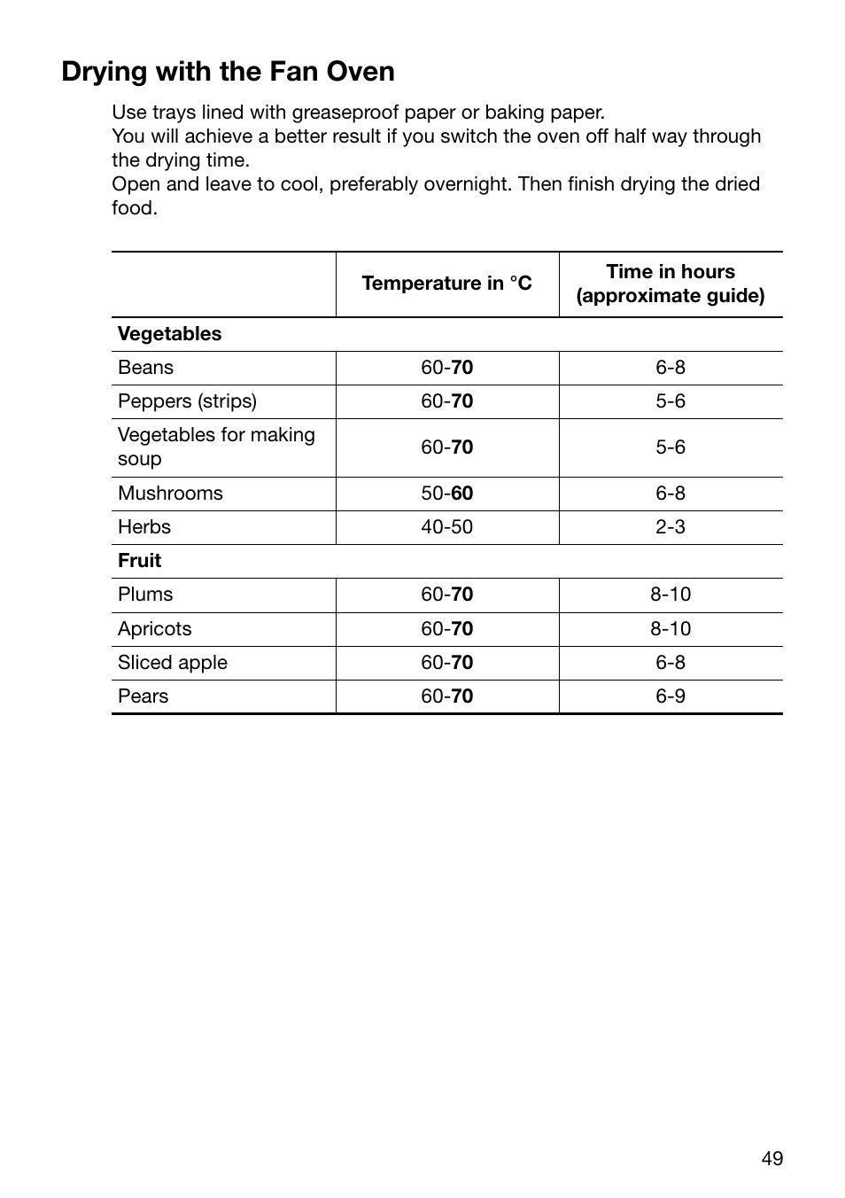 Drying with the fan oven | Electrolux EOC6690 User Manual | Page 49 / 80