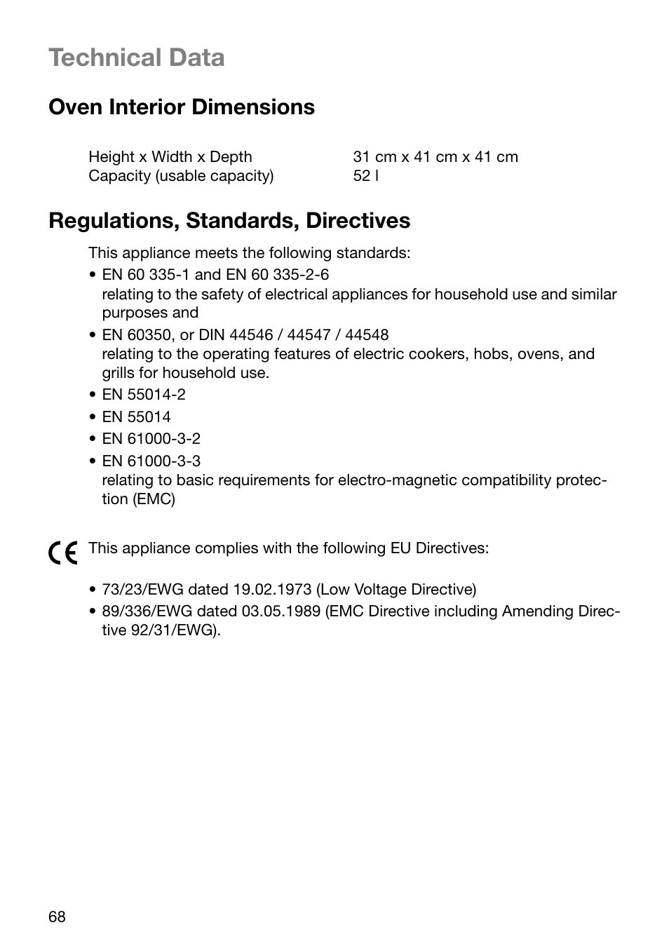 Technical data, Oven interior dimensions, Regulations, standards, directives | Electrolux EOC6690 User Manual | Page 68 / 80