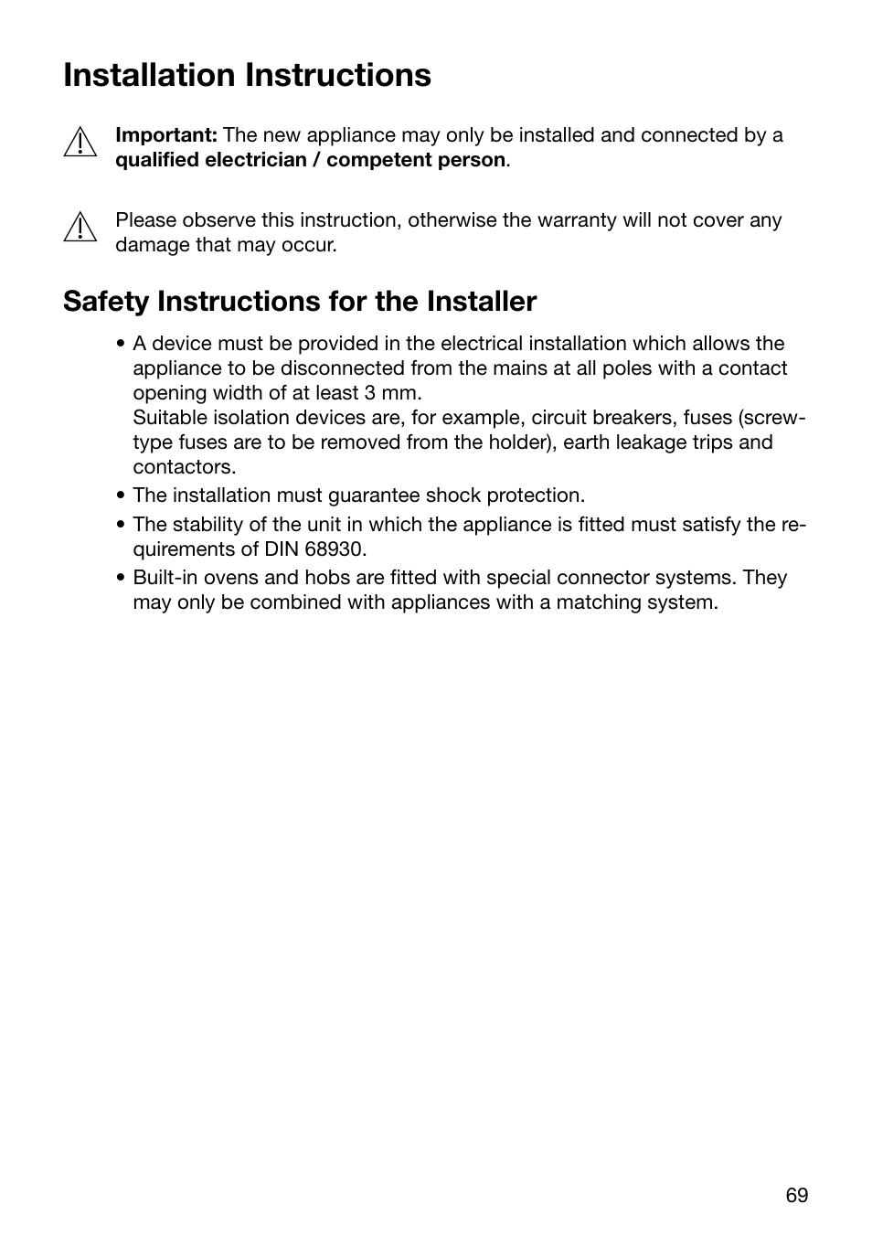 Installation instructions, Safety instructions for the installer | Electrolux EOC6690 User Manual | Page 69 / 80