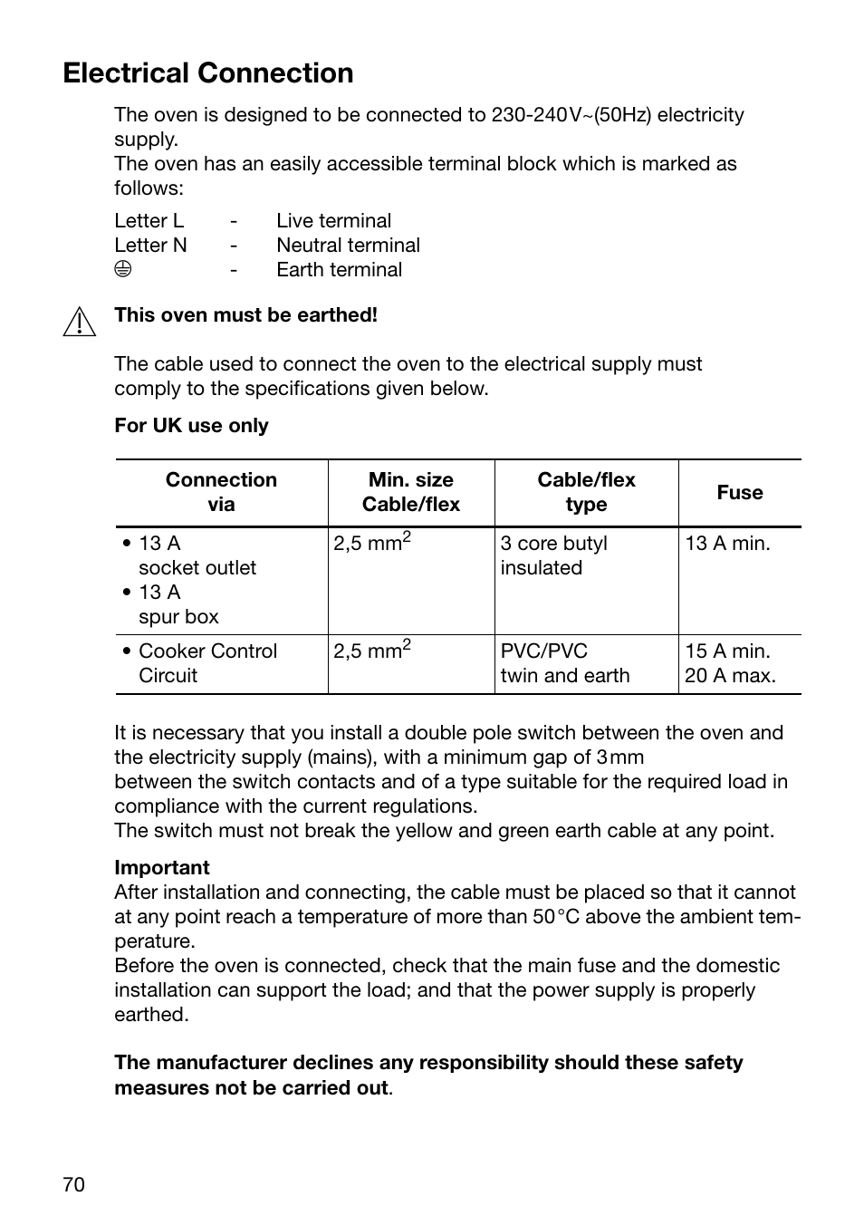 Electrical connection | Electrolux EOC6690 User Manual | Page 70 / 80