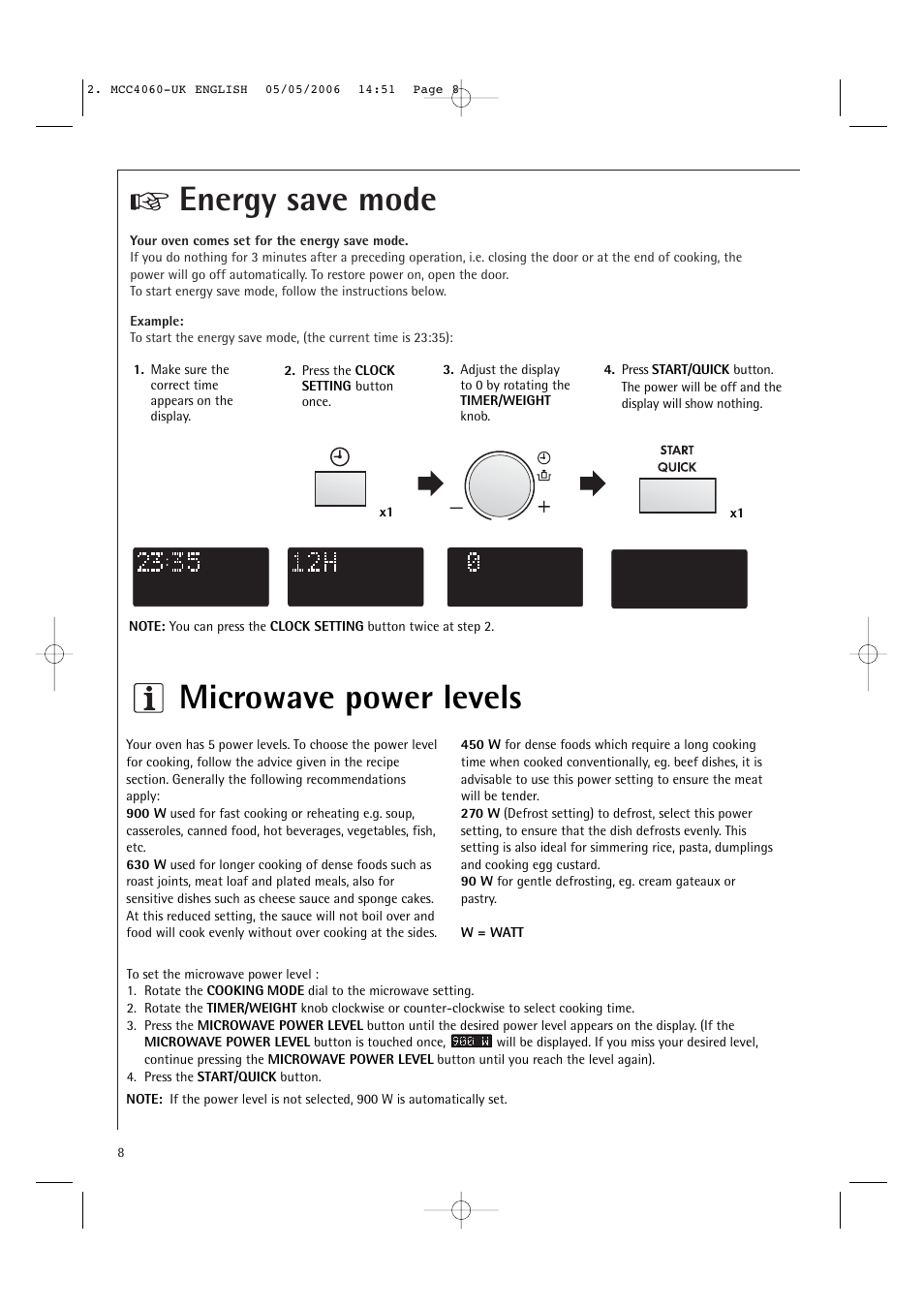 Energy save mode, Microwave power levels | Electrolux MCC4060E User Manual | Page 10 / 44