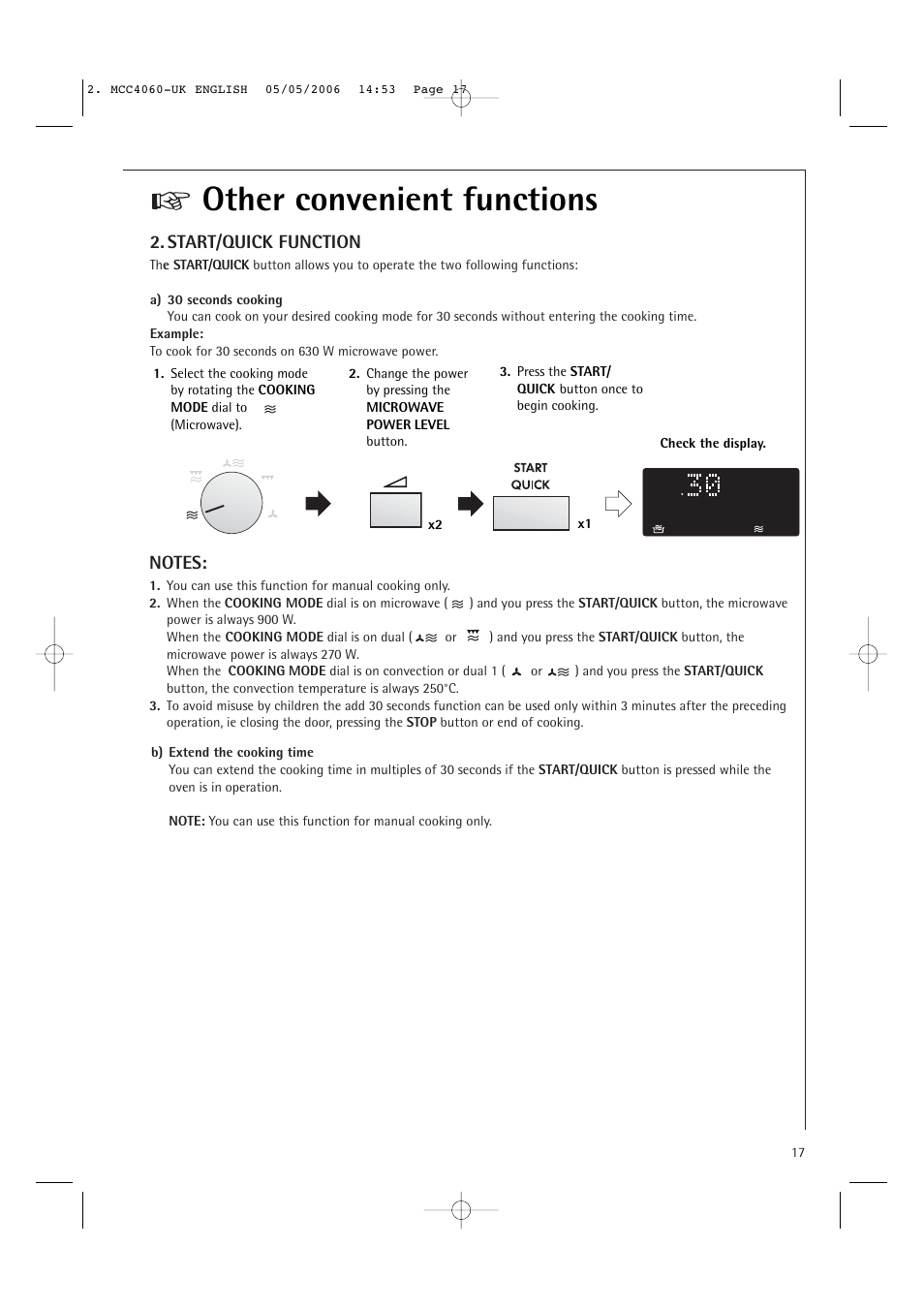 Other convenient functions, Start/quick function | Electrolux MCC4060E User Manual | Page 19 / 44