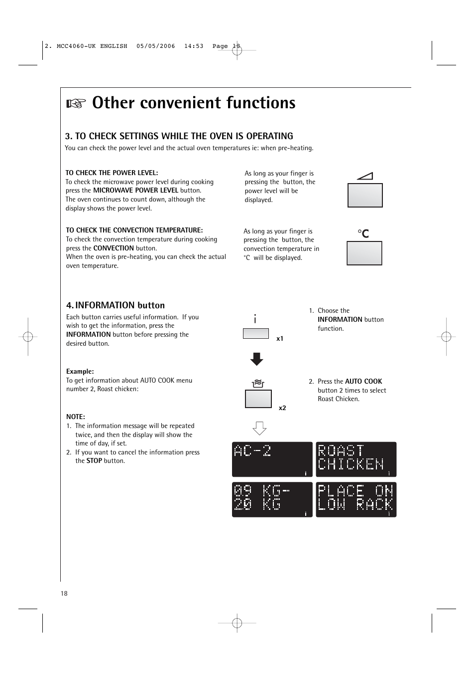 Other convenient functions, Information button | Electrolux MCC4060E User Manual | Page 20 / 44