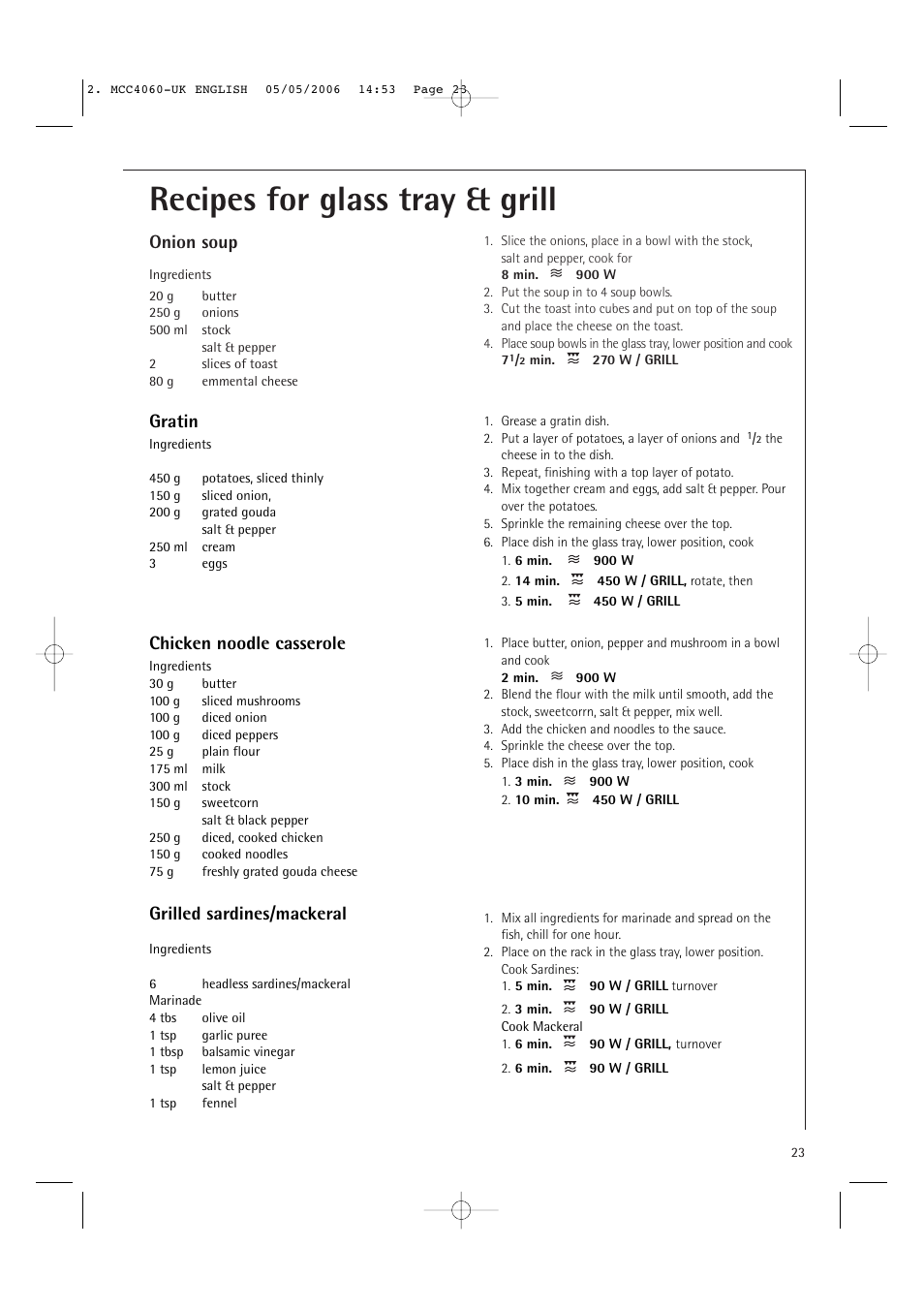Recipes for glass tray & grill, Onion soup, Gratin | Chicken noodle casserole, Grilled sardines/mackeral | Electrolux MCC4060E User Manual | Page 25 / 44