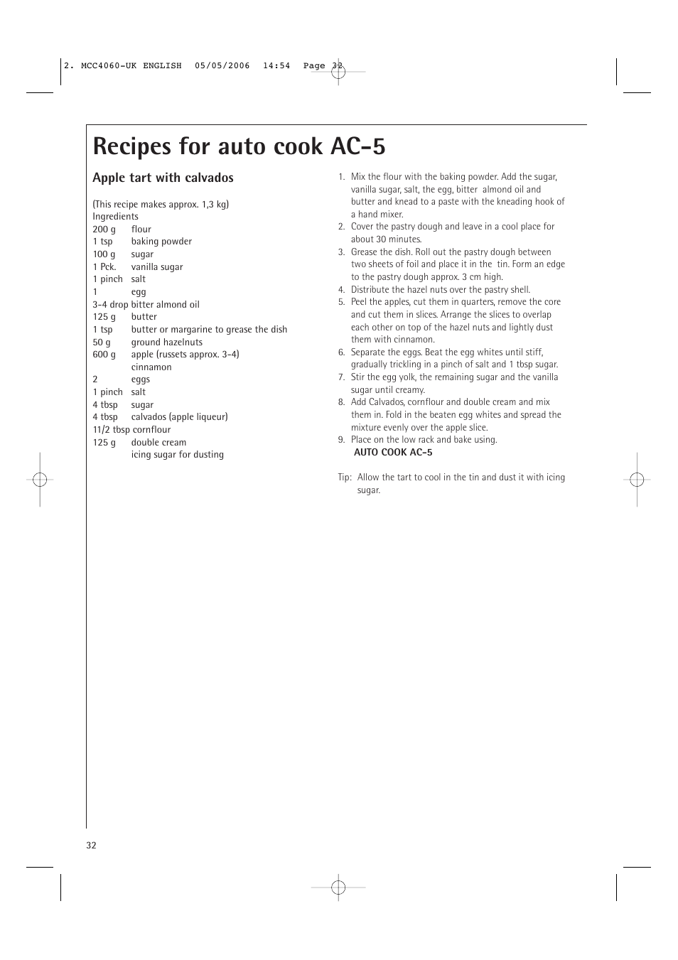 Recipes for auto cook ac-5, Apple tart with calvados | Electrolux MCC4060E User Manual | Page 34 / 44