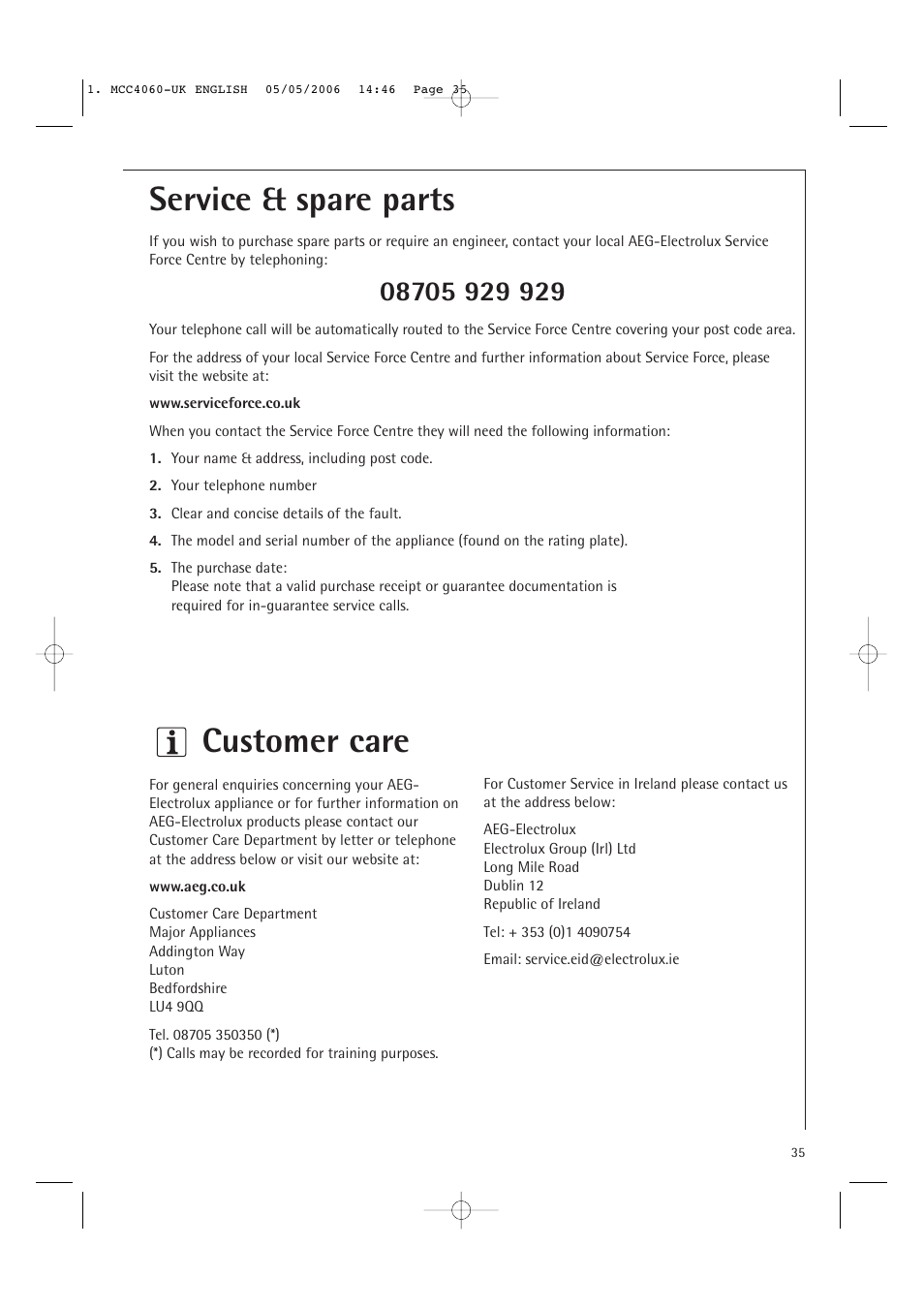 Service & spare parts customer care | Electrolux MCC4060E User Manual | Page 37 / 44