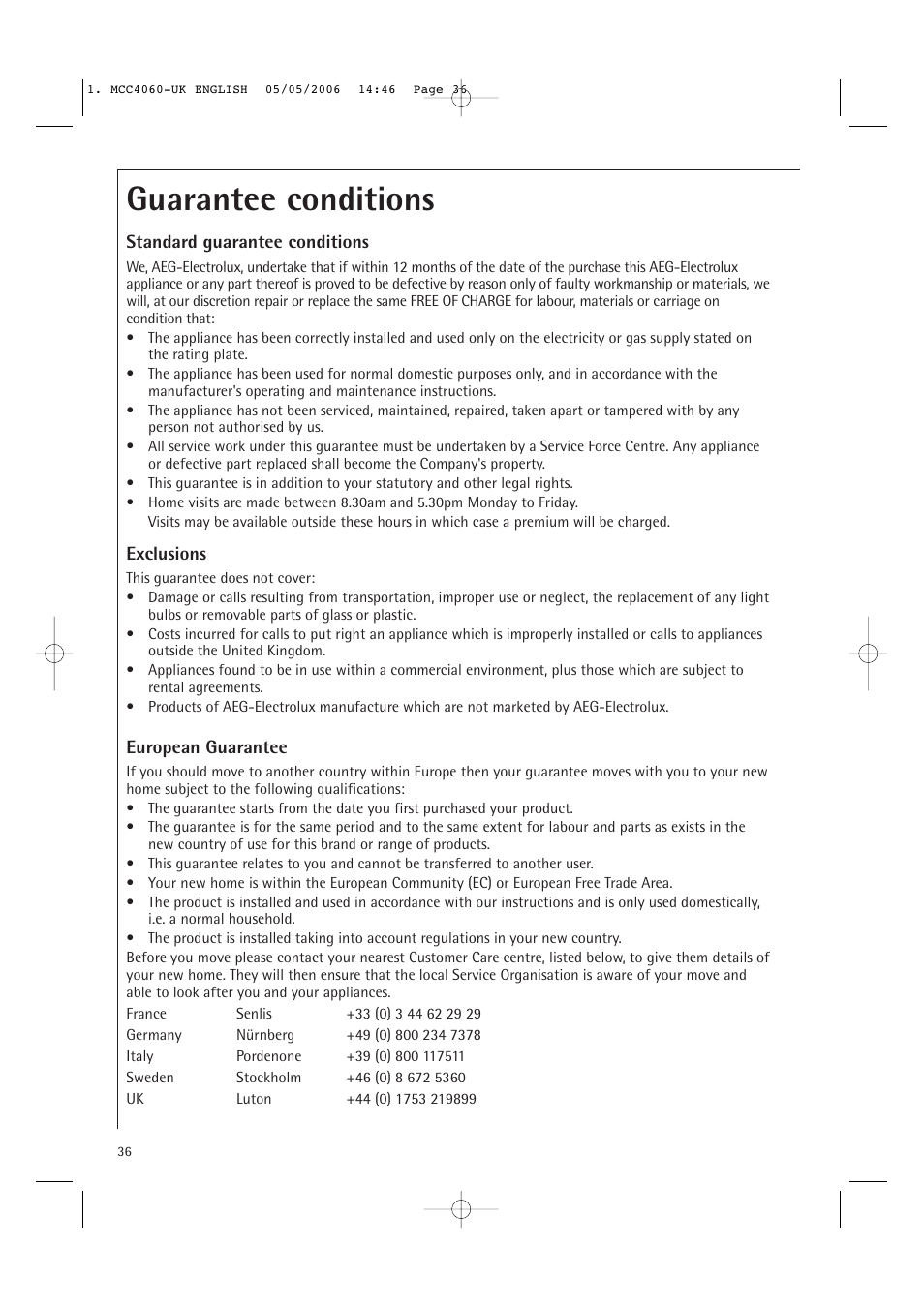 Guarantee conditions | Electrolux MCC4060E User Manual | Page 38 / 44