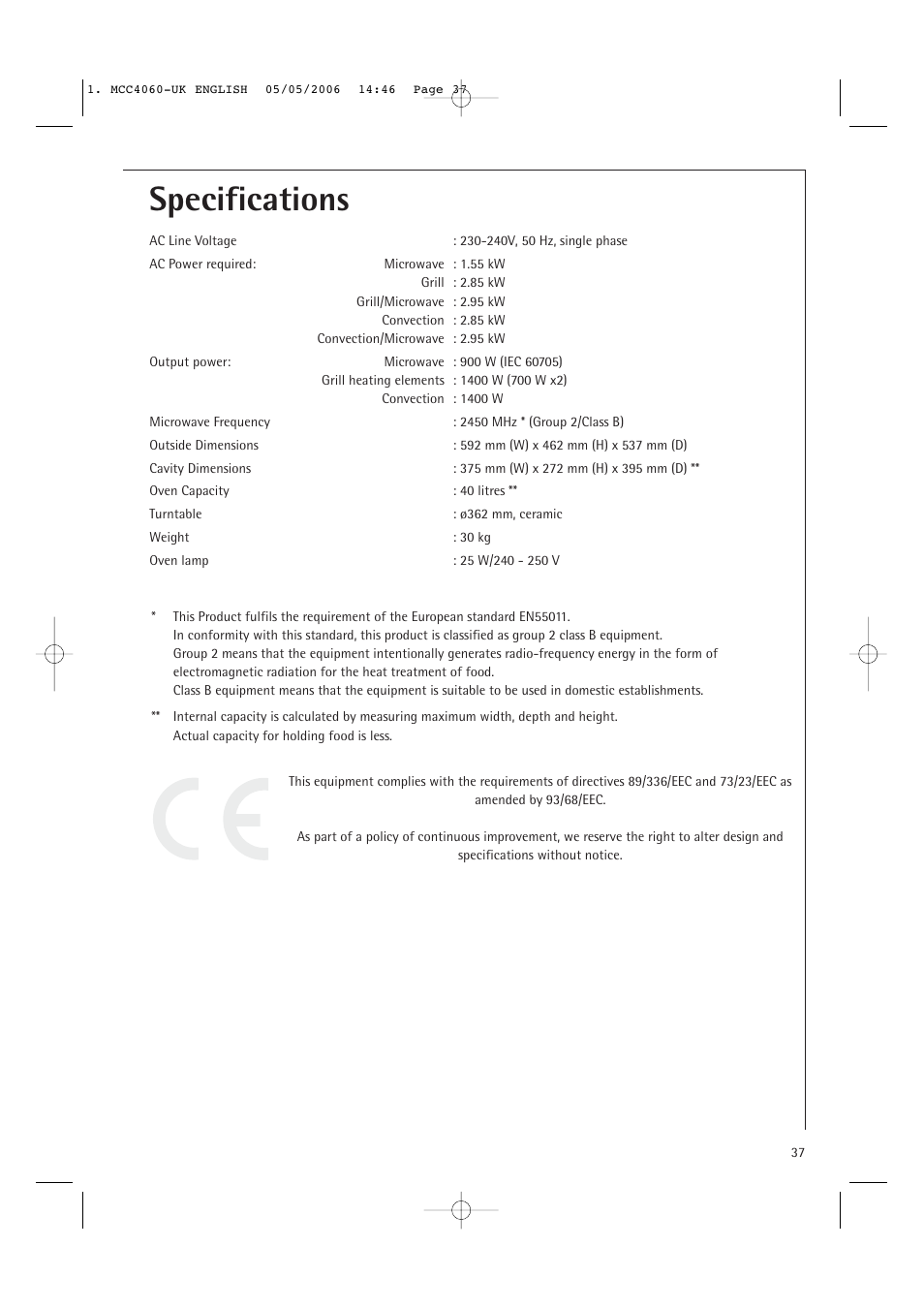Specifications | Electrolux MCC4060E User Manual | Page 39 / 44