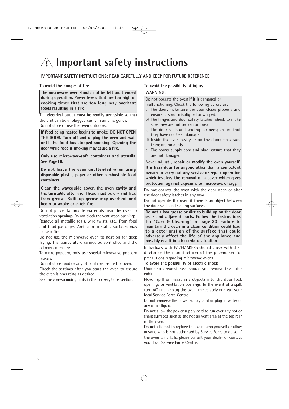 Important safety instructions | Electrolux MCC4060E User Manual | Page 4 / 44