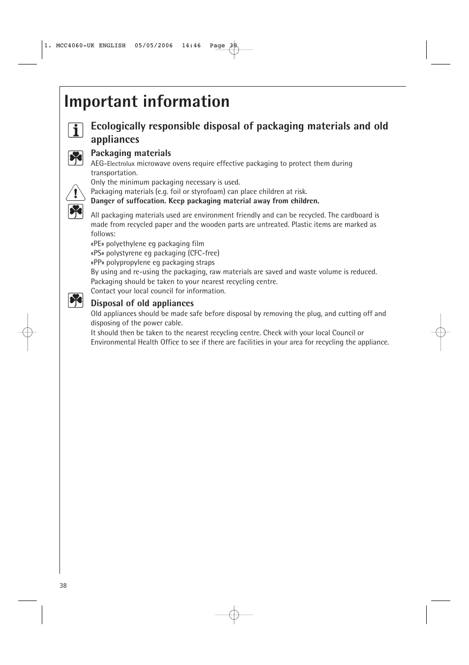 Important information | Electrolux MCC4060E User Manual | Page 40 / 44