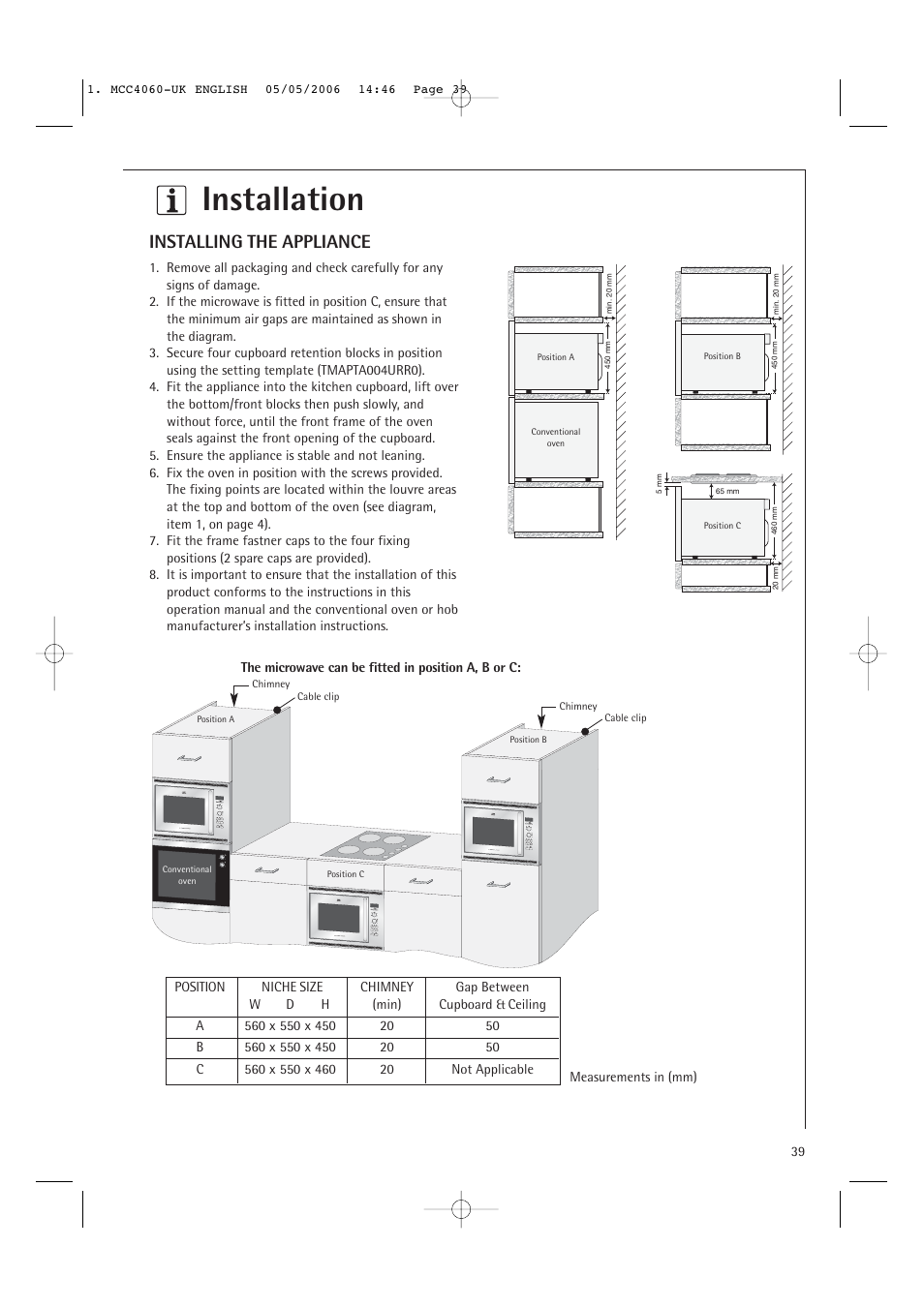 Installation, Installing the appliance | Electrolux MCC4060E User Manual | Page 41 / 44