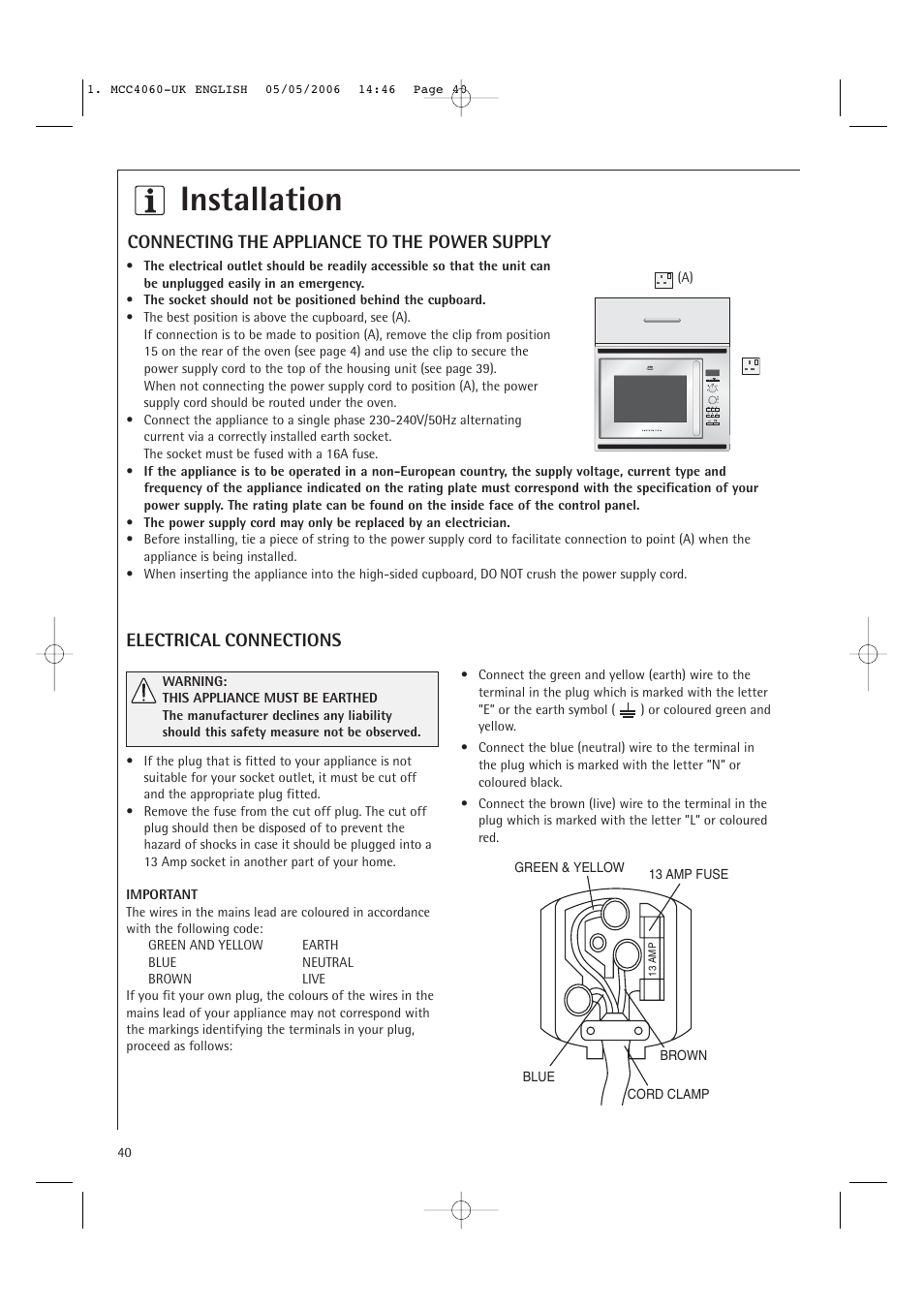 Installation, Connecting the appliance to the power supply, Electrical connections | Electrolux MCC4060E User Manual | Page 42 / 44