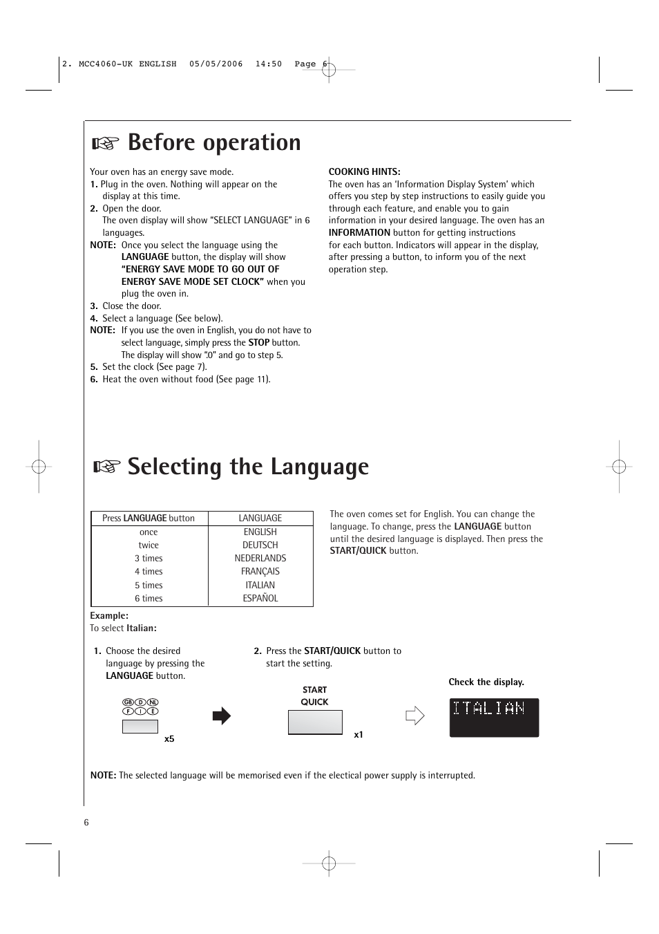 Before operation selecting the language | Electrolux MCC4060E User Manual | Page 8 / 44