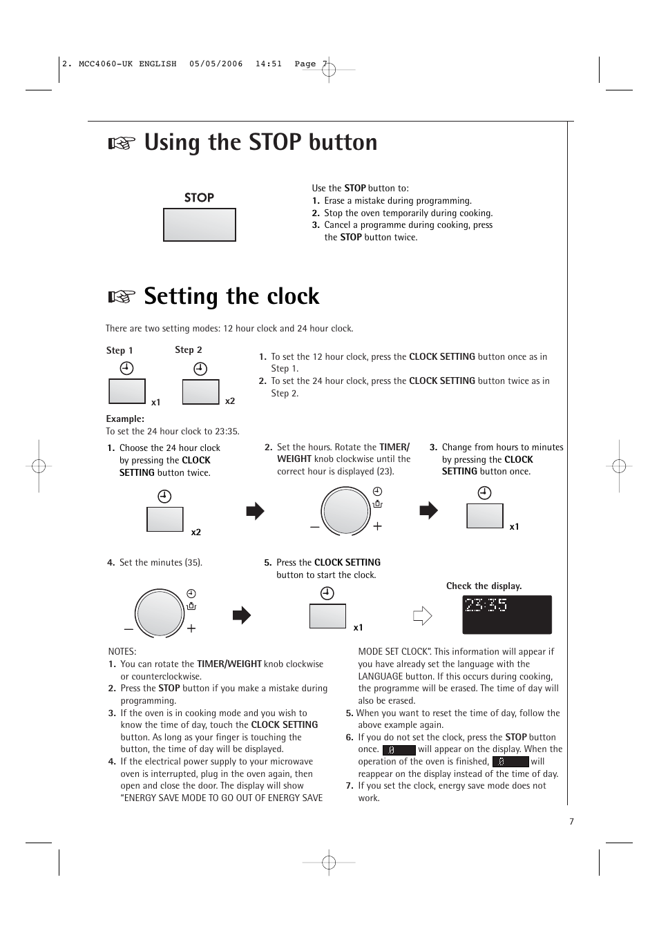 Using the stop button, Setting the clock | Electrolux MCC4060E User Manual | Page 9 / 44