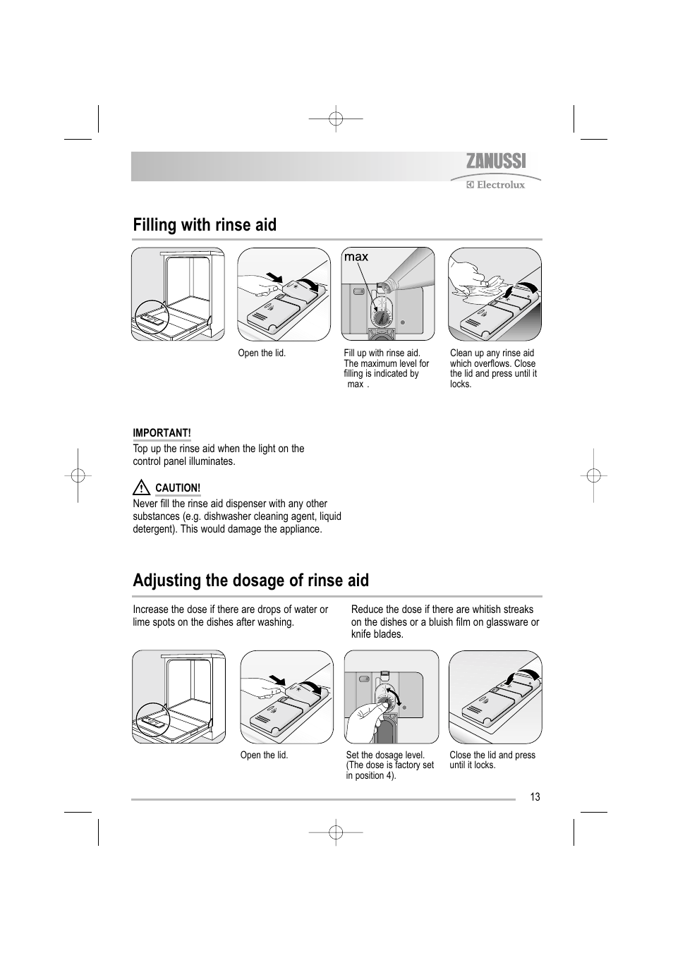 Filling with rinse aid, Adjusting the dosage of rinse aid | Electrolux ZDF 501 User Manual | Page 13 / 32