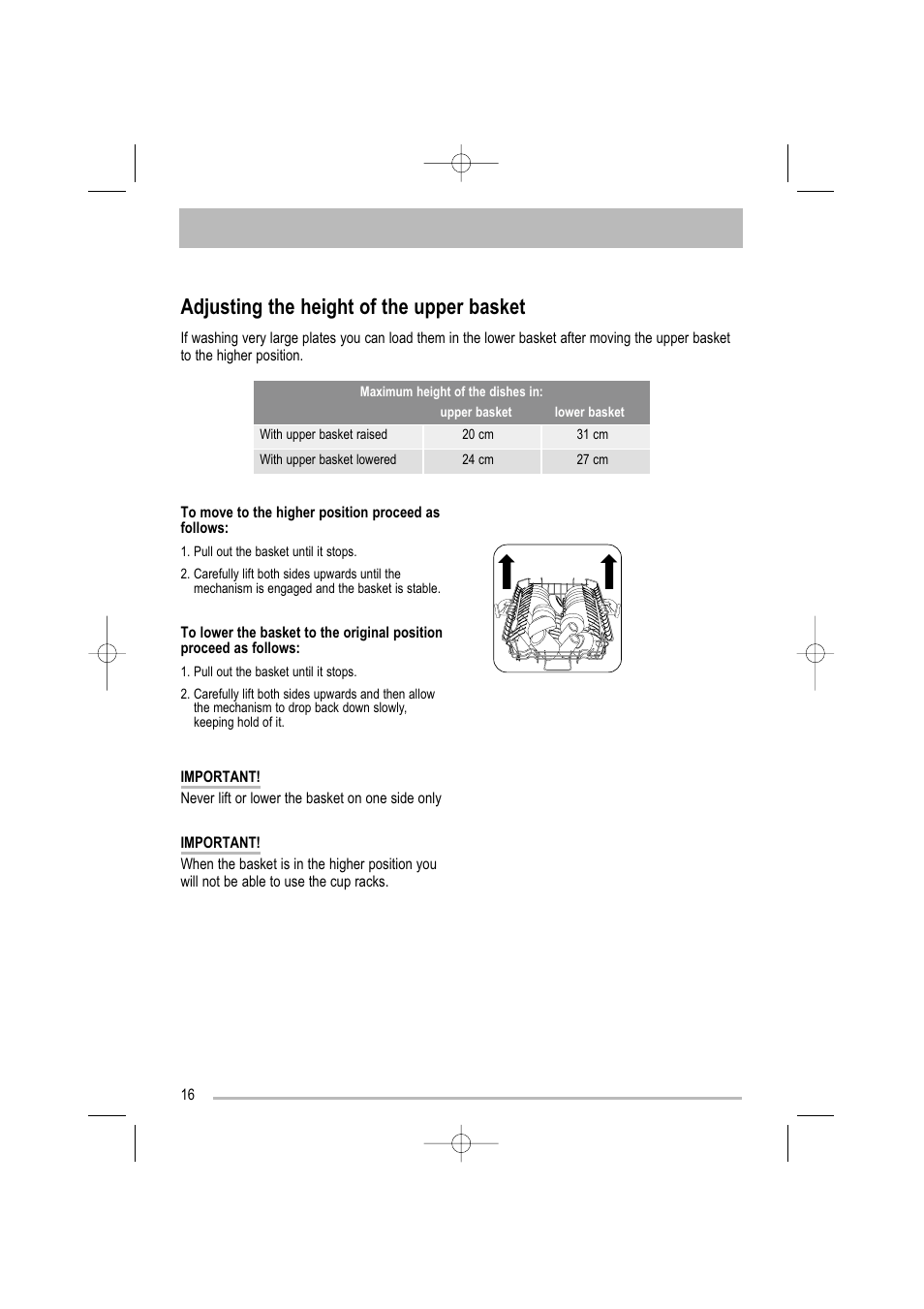 Adjusting the height of the upper basket | Electrolux ZDF 501 User Manual | Page 16 / 32