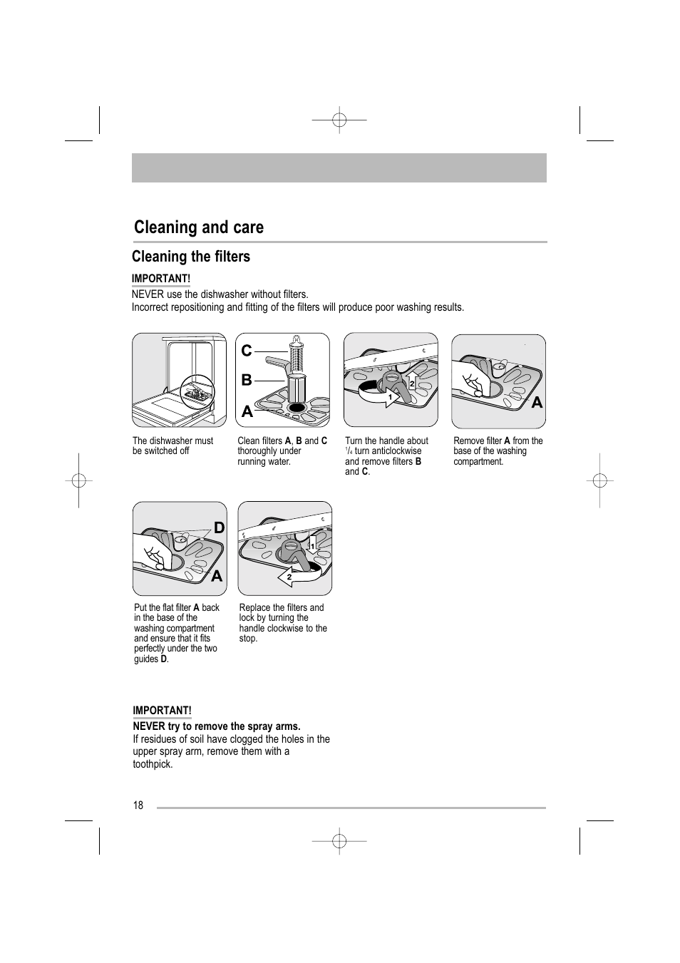 Cleaning and care, Cleaning the filters | Electrolux ZDF 501 User Manual | Page 18 / 32